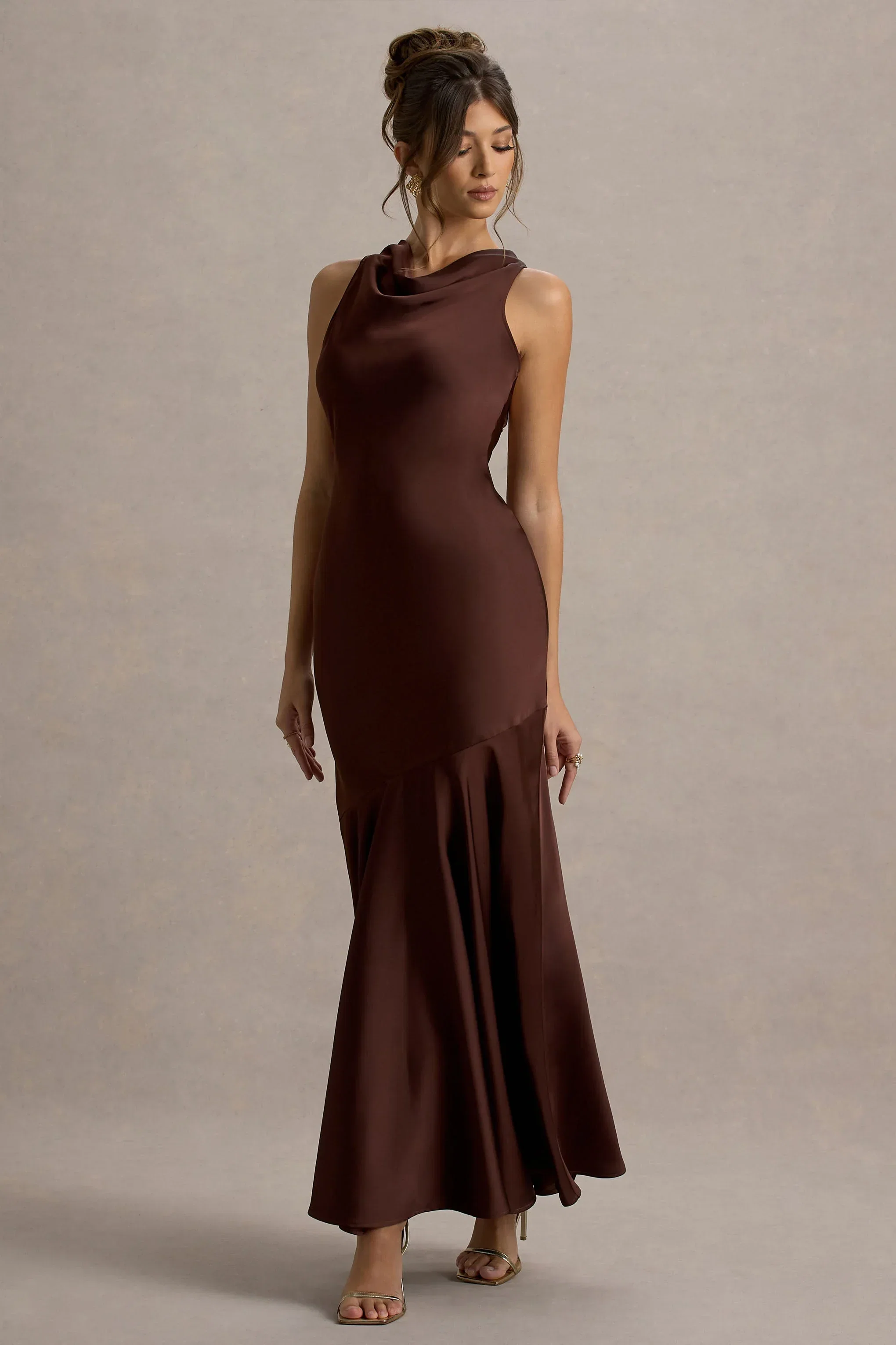 Amelita | Brown Satin Cowl-Neck Maxi Dress