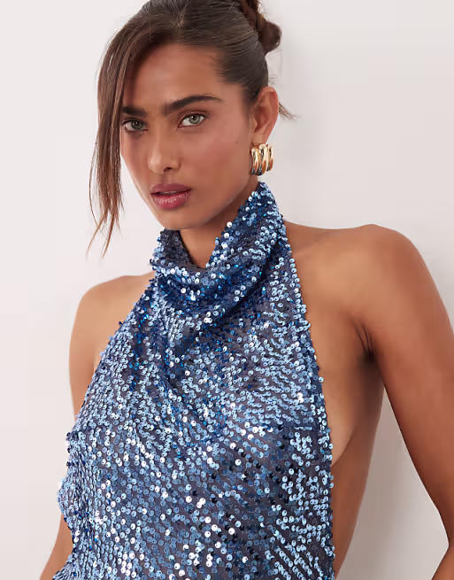 embellished sheer sequin halter maxi dress in blue