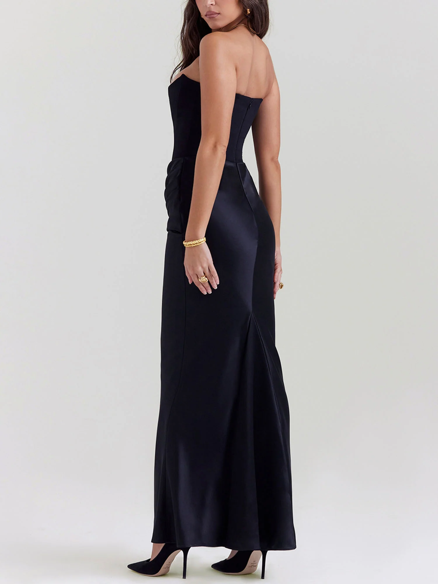 Black Strapless Draped Bodycon Maxi Dress