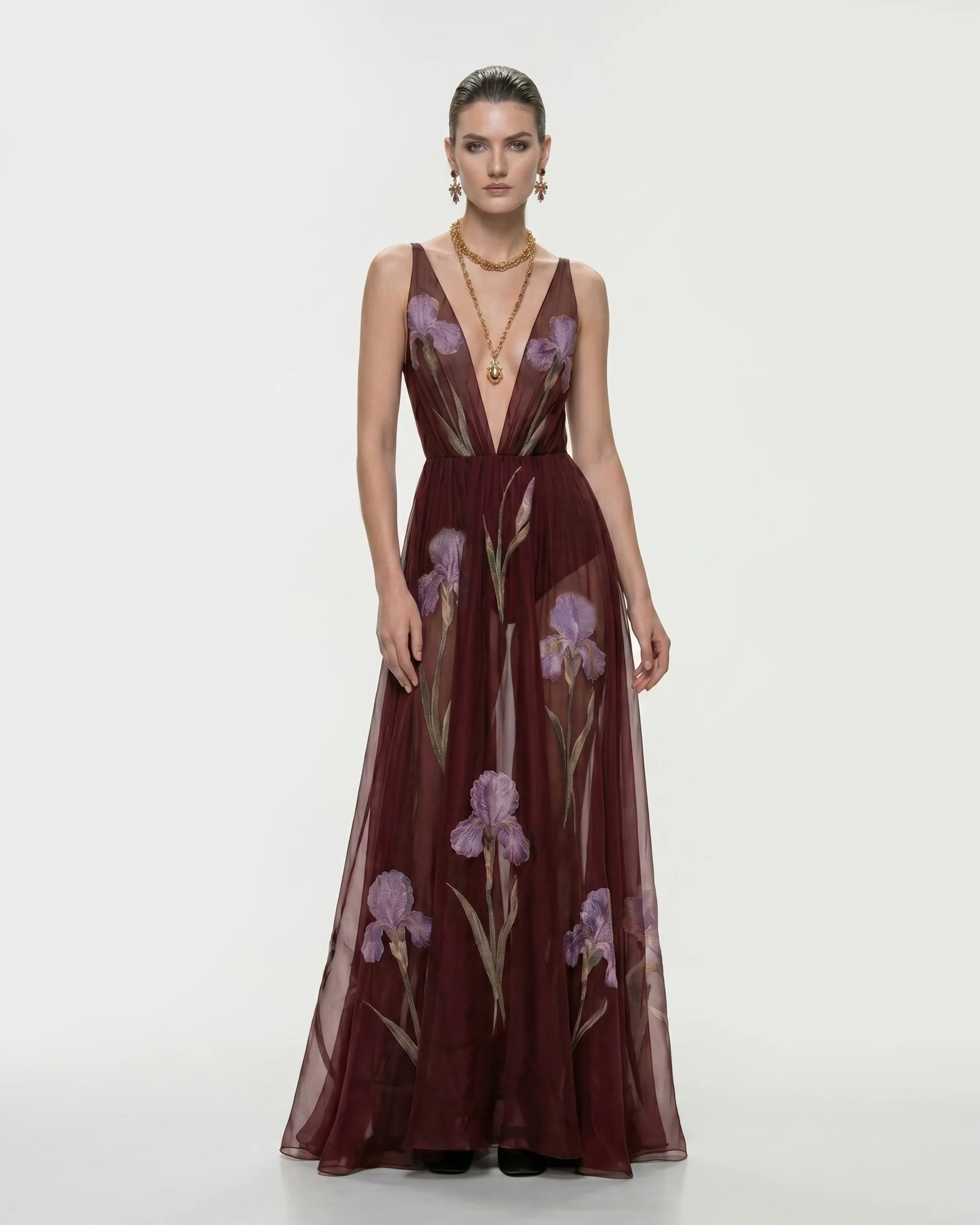 Sheer Floral Print Maxi Dress - Burgundy