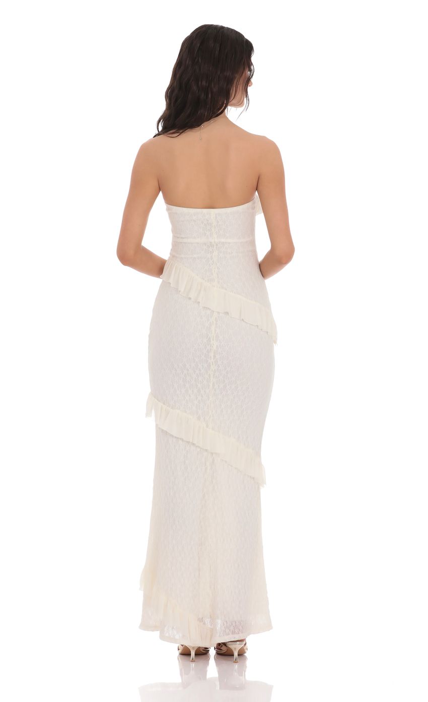 Strapless Lace Ruffle Maxi Dress in Ivory