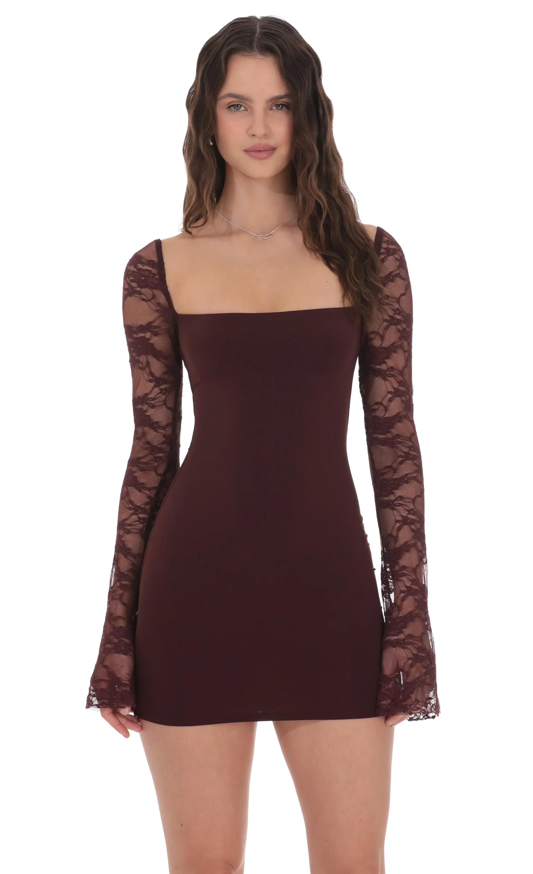 Lace Long Sleeve Bodycon Dress in Brown