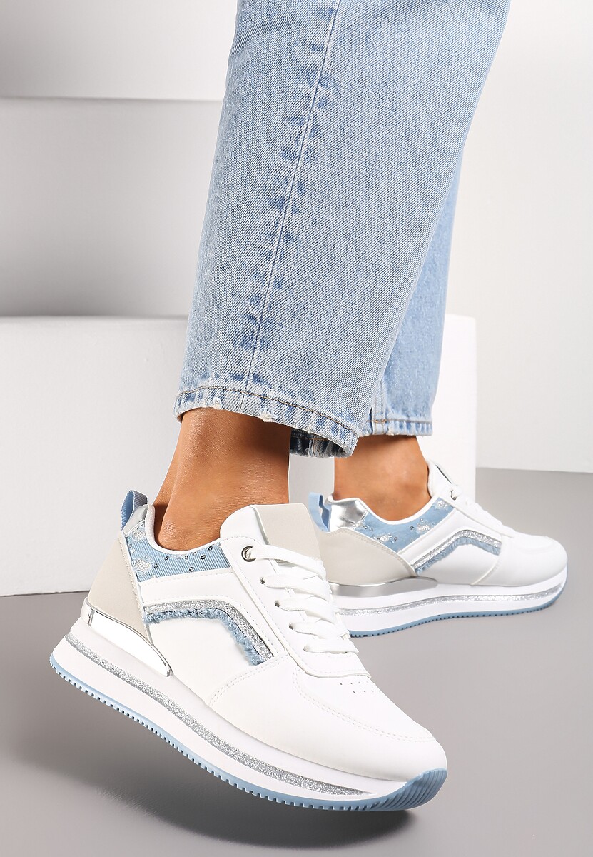 Biało-Niebieskie Sznurowane Sneakersy na Grubej Podeszwie z Cekinami i Brokatem Zallie