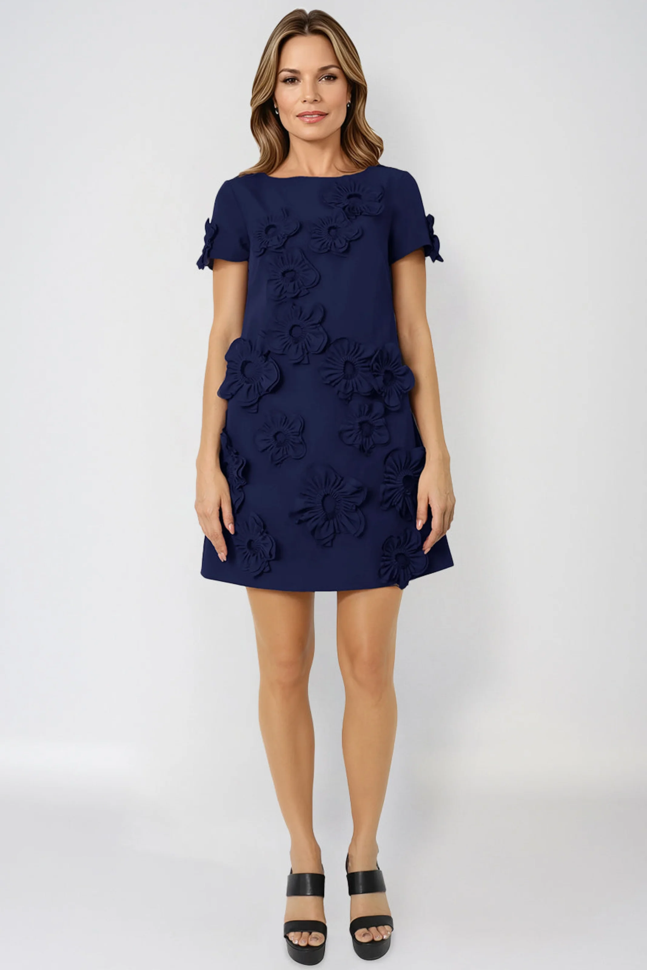 Short Sleeve Crepe Floral Applique Mini Cocktail