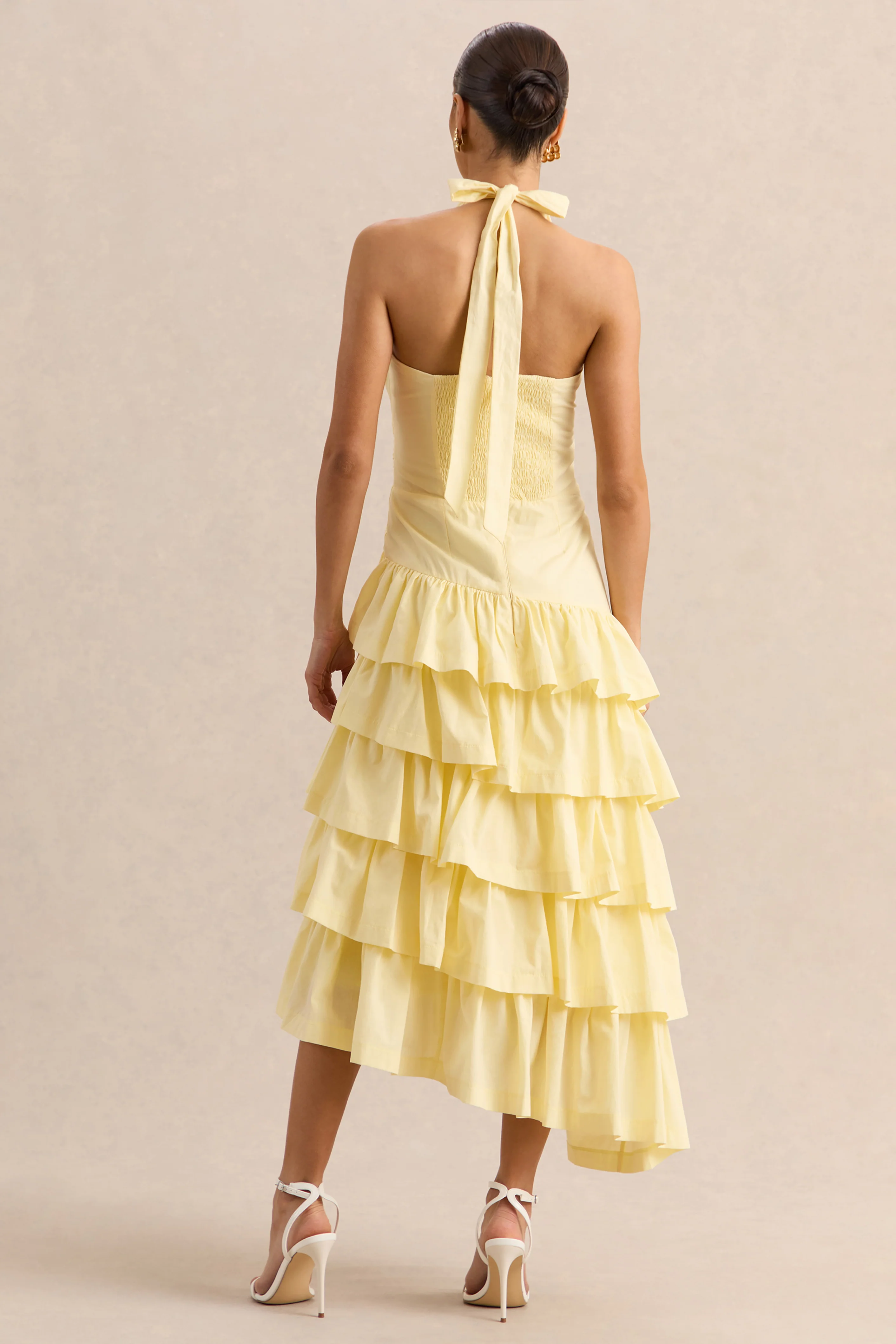 Velora | Lemon Asymmetric Midi Dress With Tiered-Ruffled Skirt