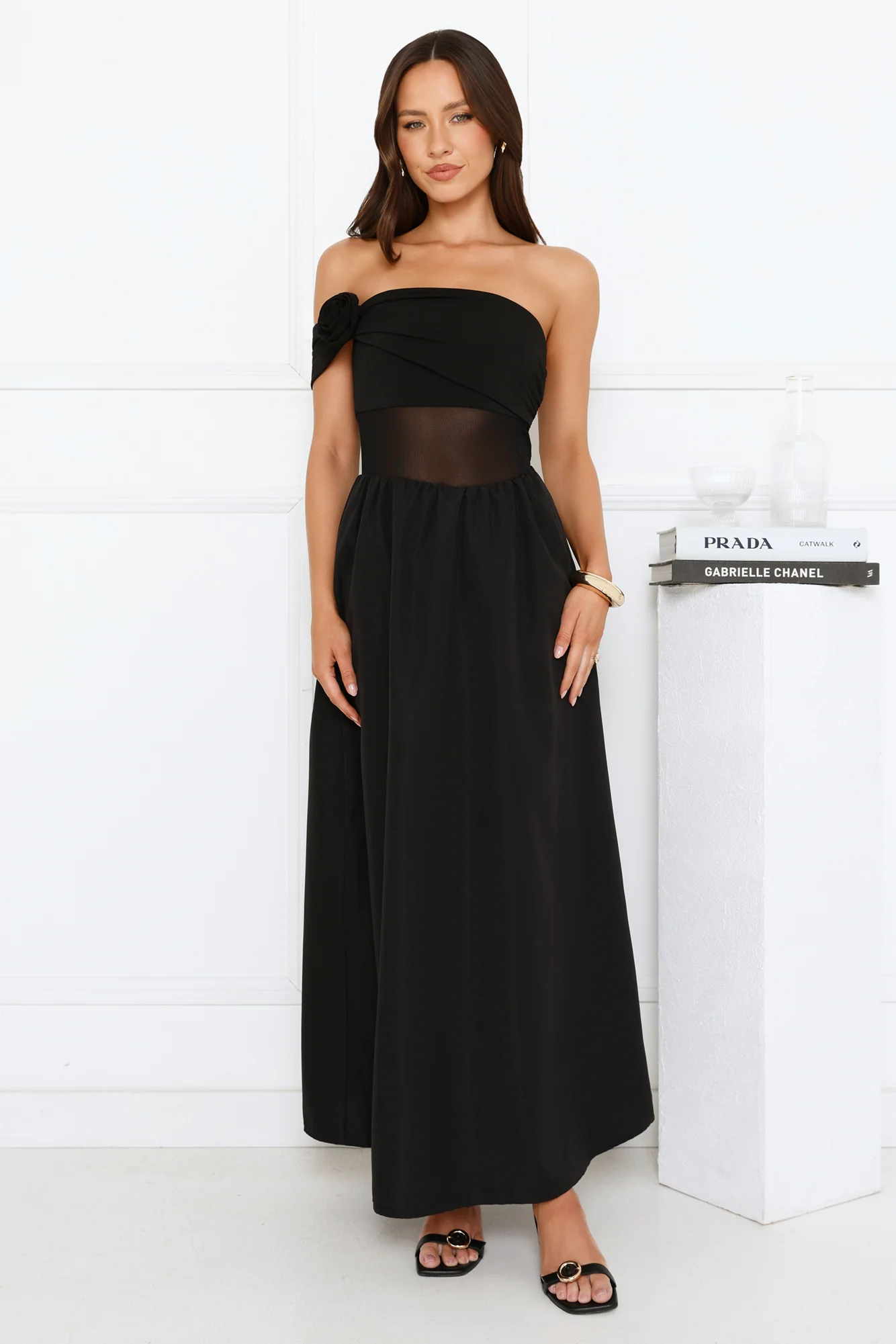 Luxe Whimsy Off Shoulder Maxi Dress Black