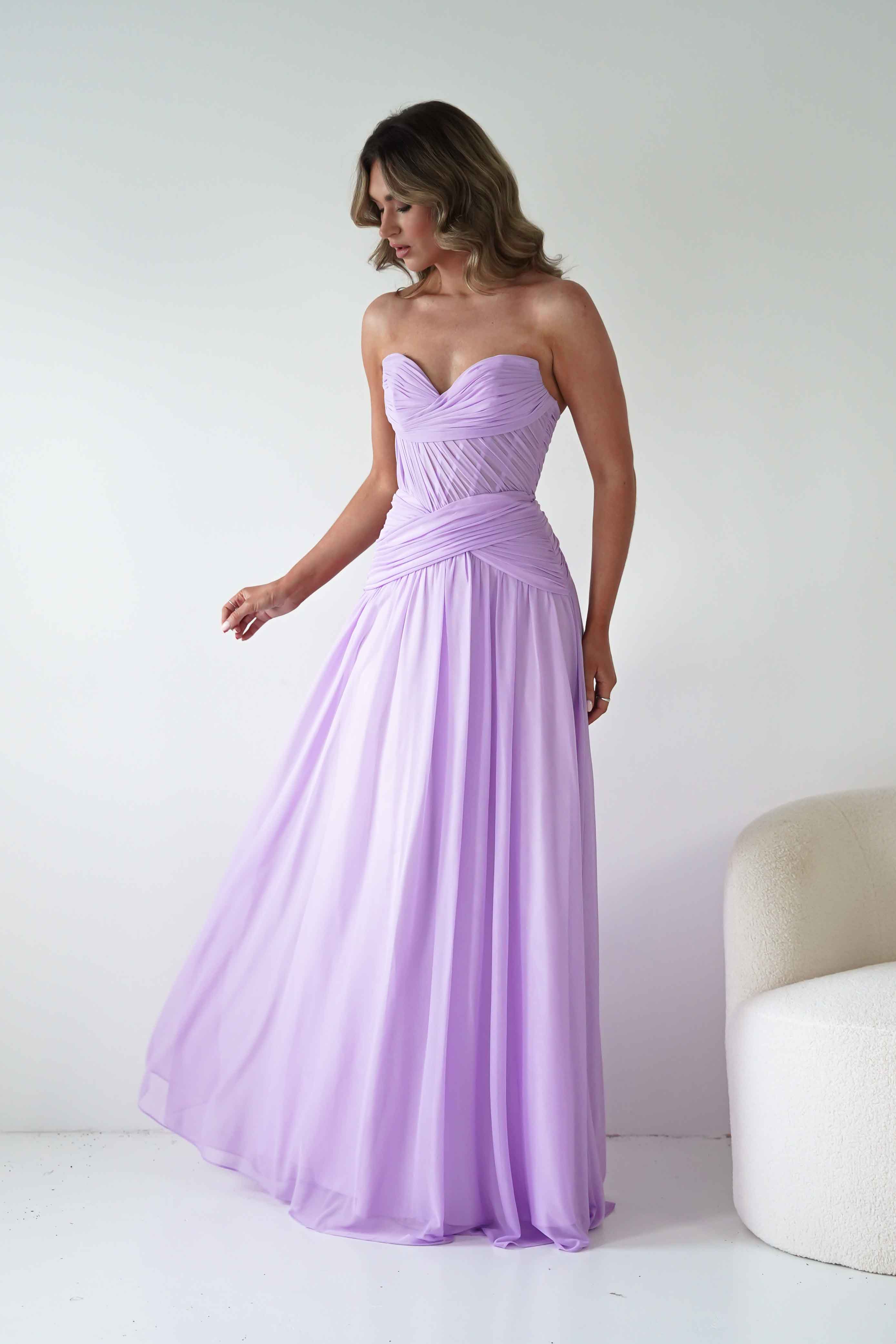 Nicolette Strapless Chiffon Maxi Gown | Lavender
