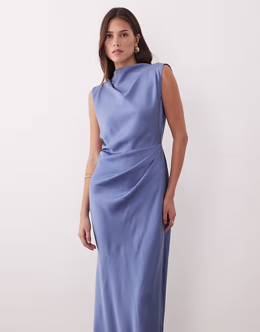 satin high neck pleated bodice midi dress in blue
