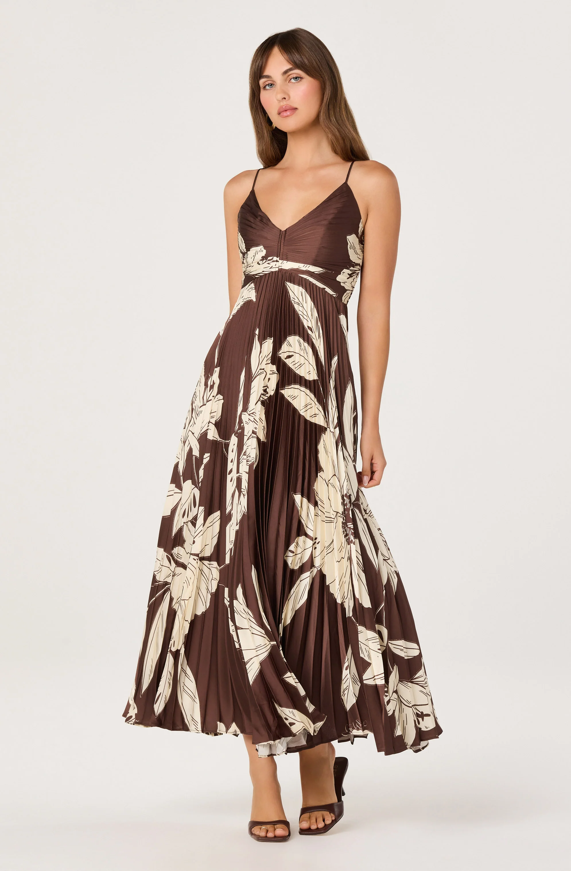 Clea Pleated Satin V-Neck Maxi Dress