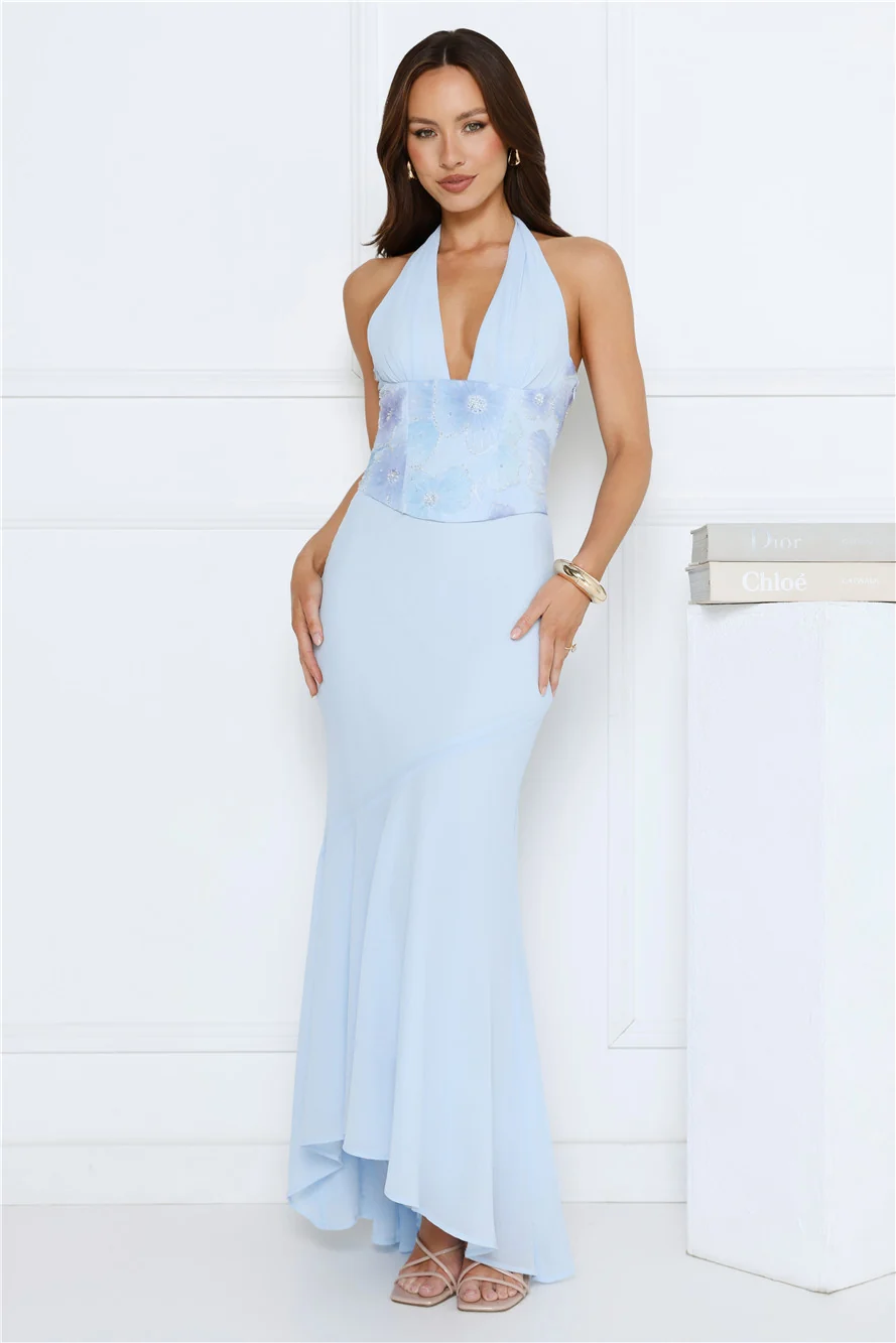 Silver Lining Love Halter Maxi Dress Blue