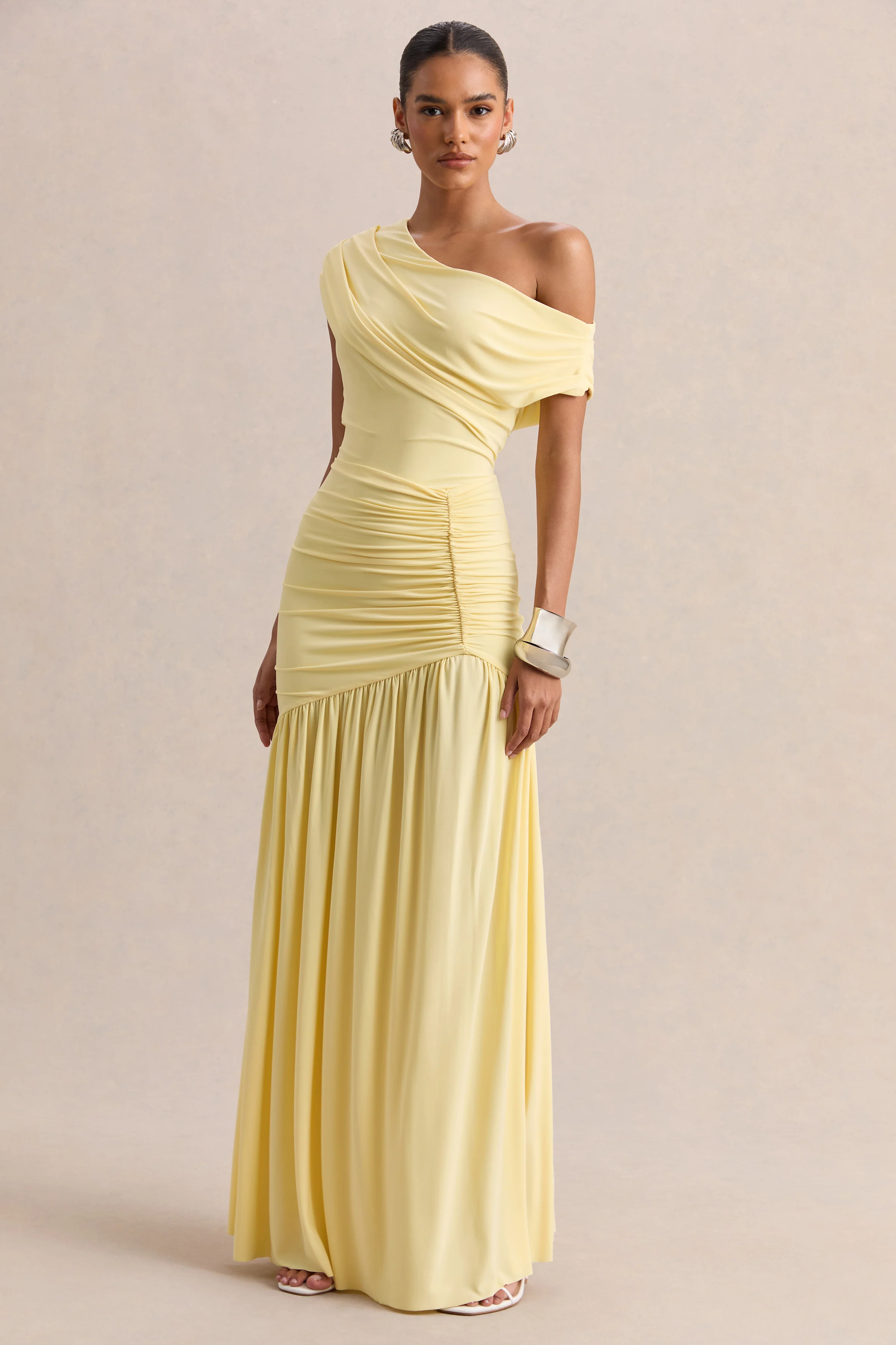 Kady | Lemon Asymmetric-Neck Maxi Dress With Ruched Detailing