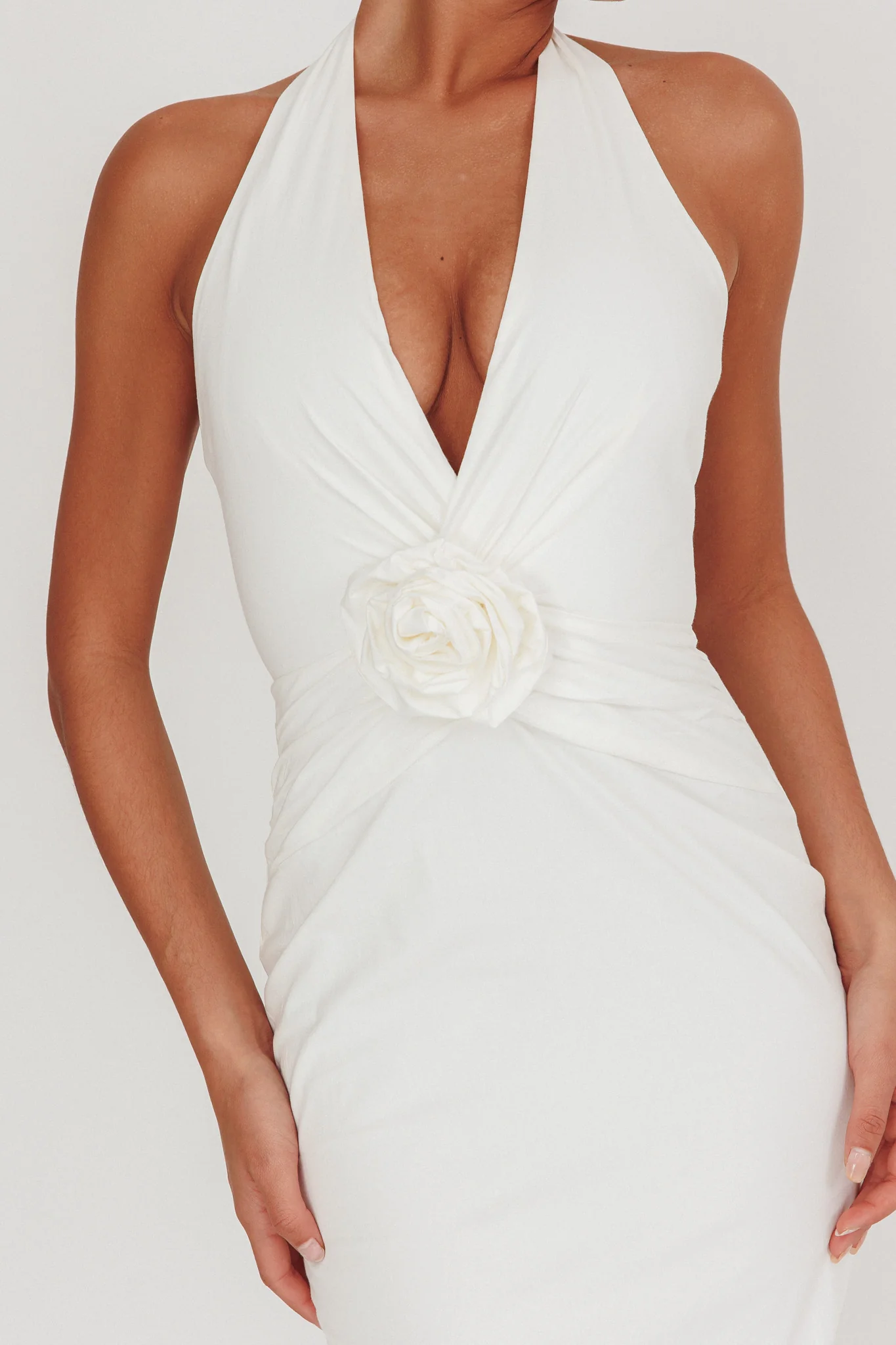 Sinners Rosette Halter Neck Maxi Dress White - luluinthesky