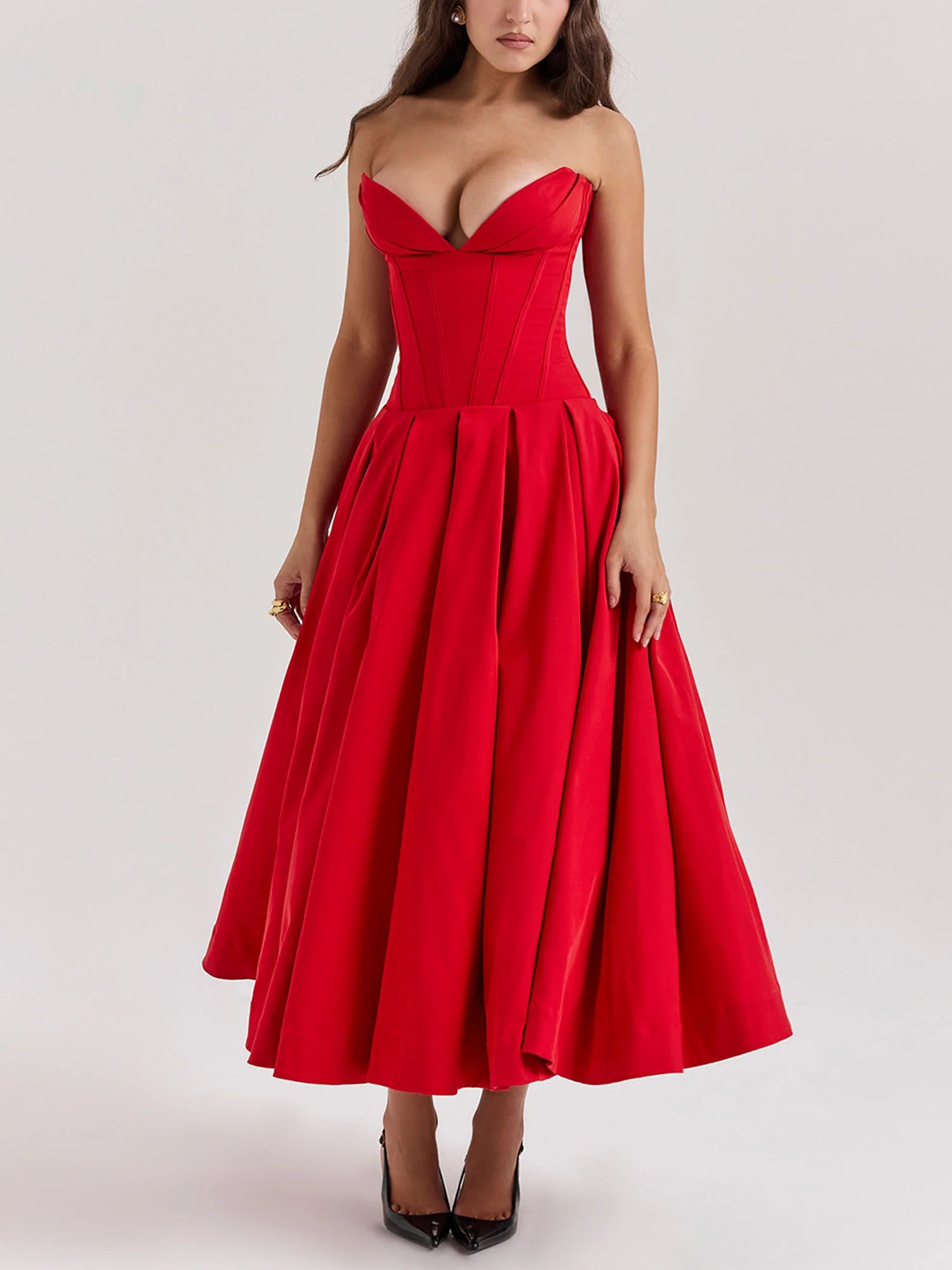 Red Strapless Fit-and-Flare Midi Dress