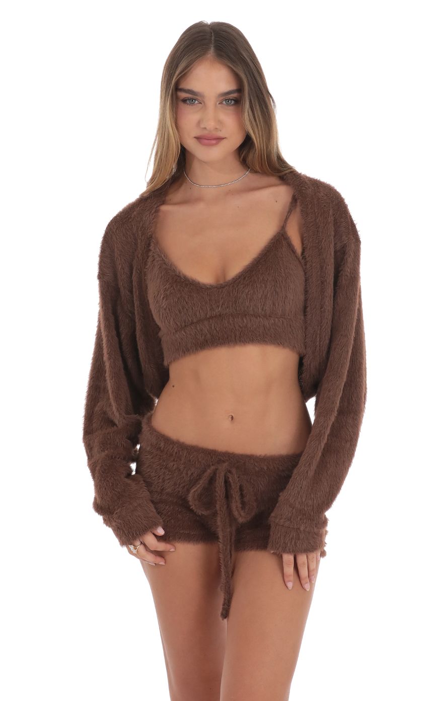 Open Fuzzy Cardigan in Brown