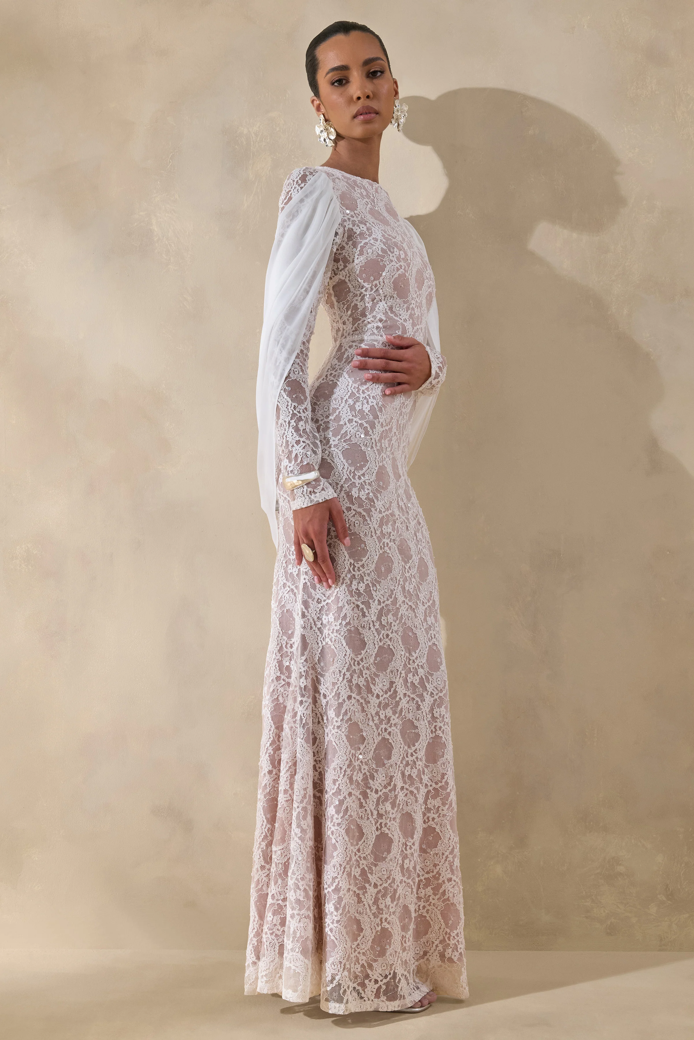 Nabina | White Lace Crew-Neck Maxi Dress With Draped Back-Detail