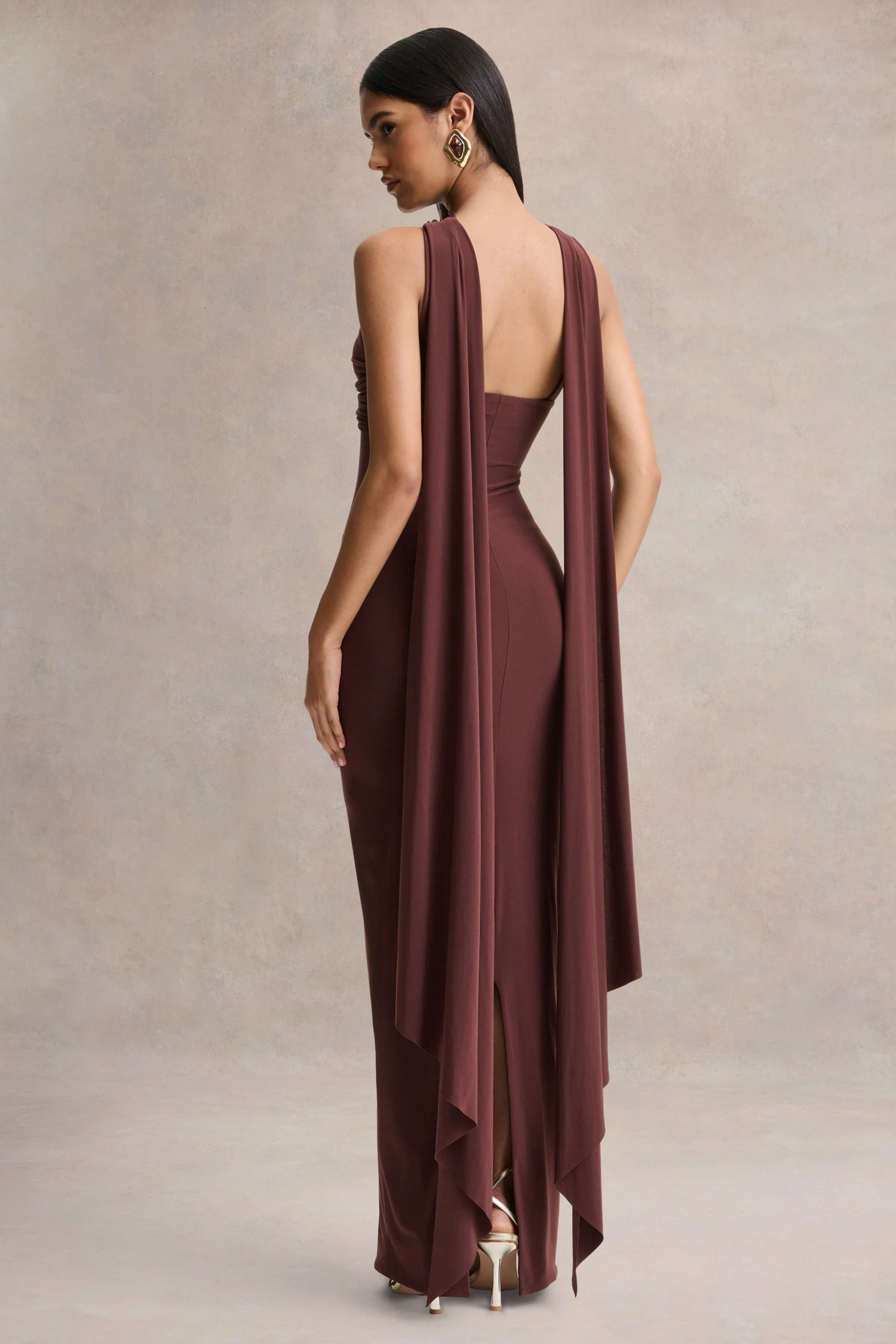Sheila | Dark Brown Bandeau Maxi Dress With Scarf Detail