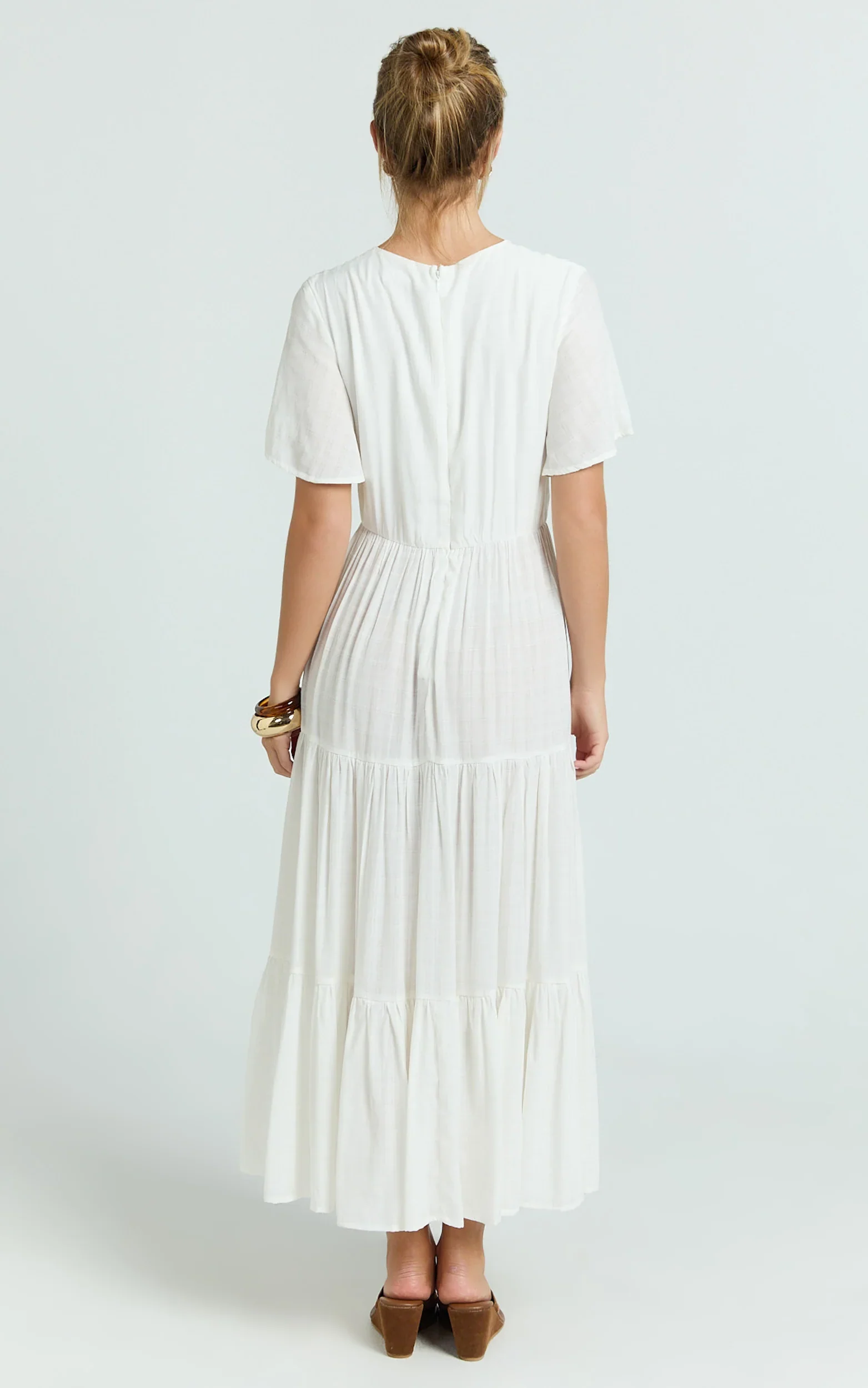 Cryzel Midi Dress - Flutter Sleeve Tiered Dress in White