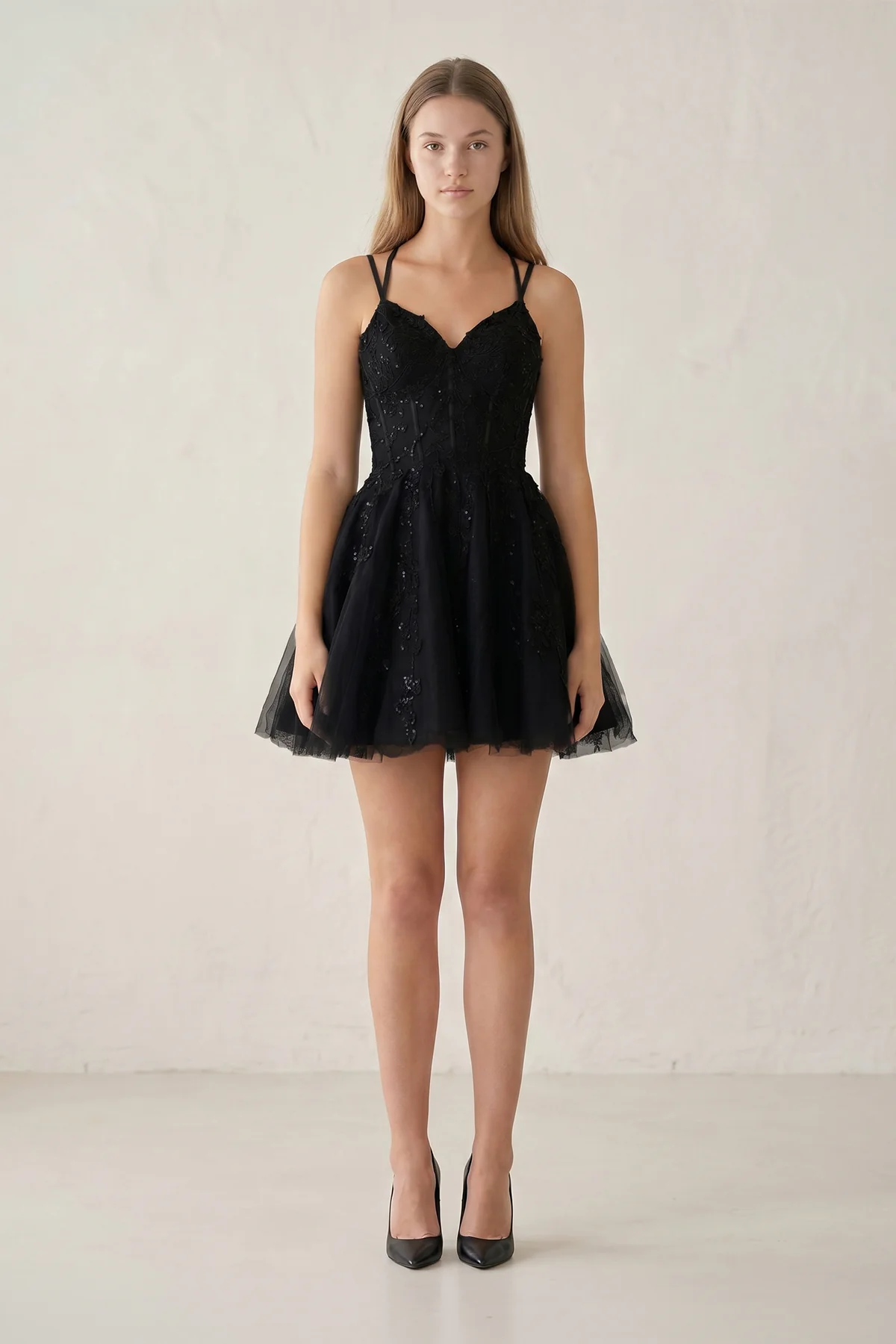 A-Line Lace Spaghetti-Straps Black Short Homecoming Dress
