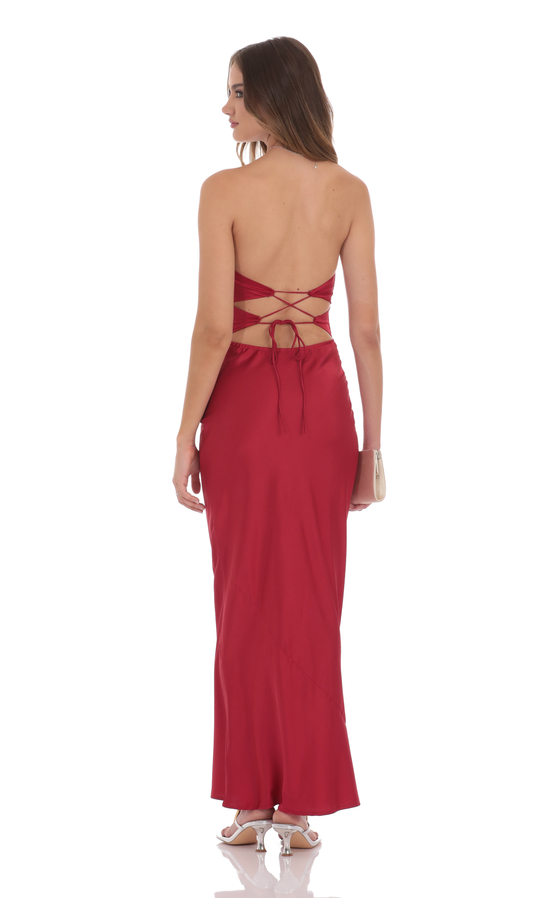 Satin Twist Cutout Maxi Dress in Red - luluinthesky