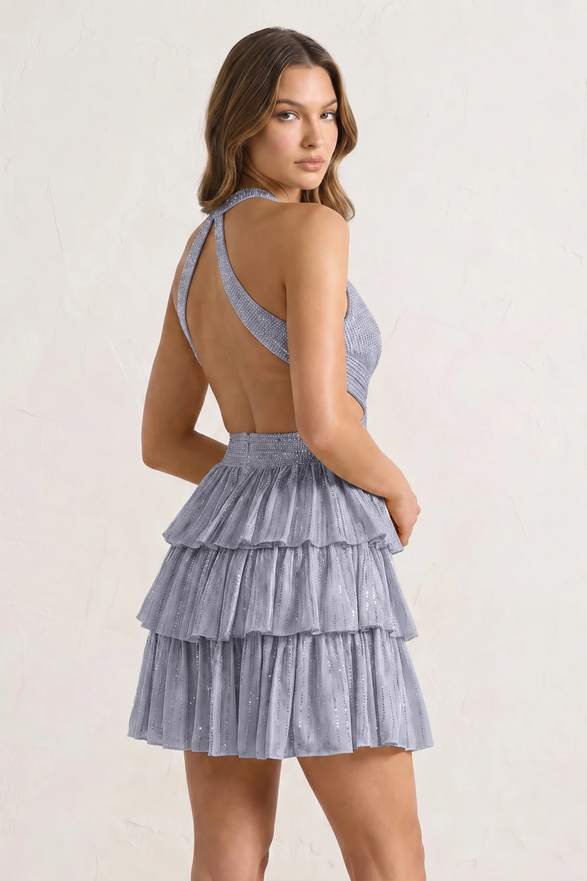 Royal Blue V Neck A Line Cutout Satin Tiered Homecoming Dress With Beading