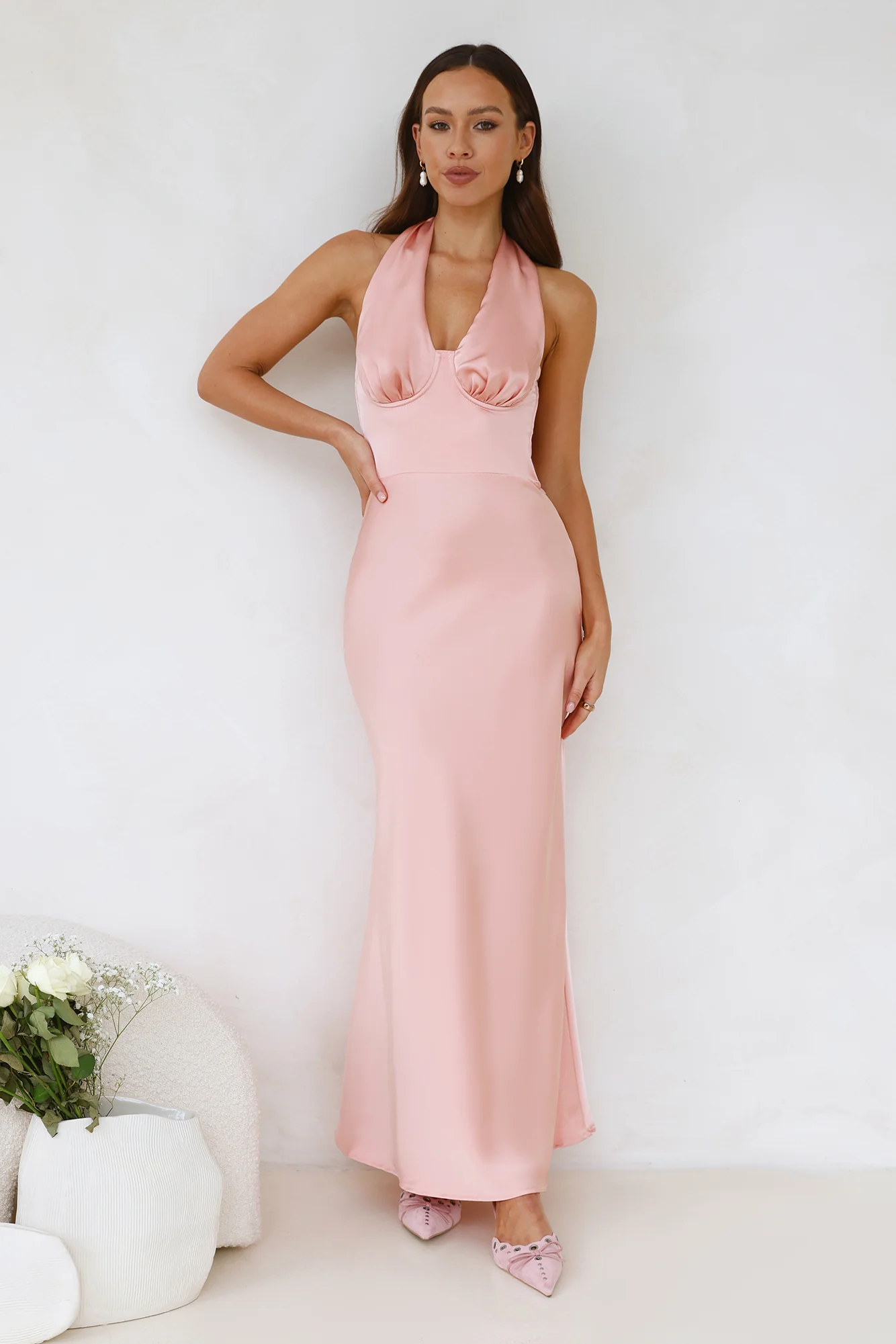 Socialite Events Halter Satin Maxi Dress Peach