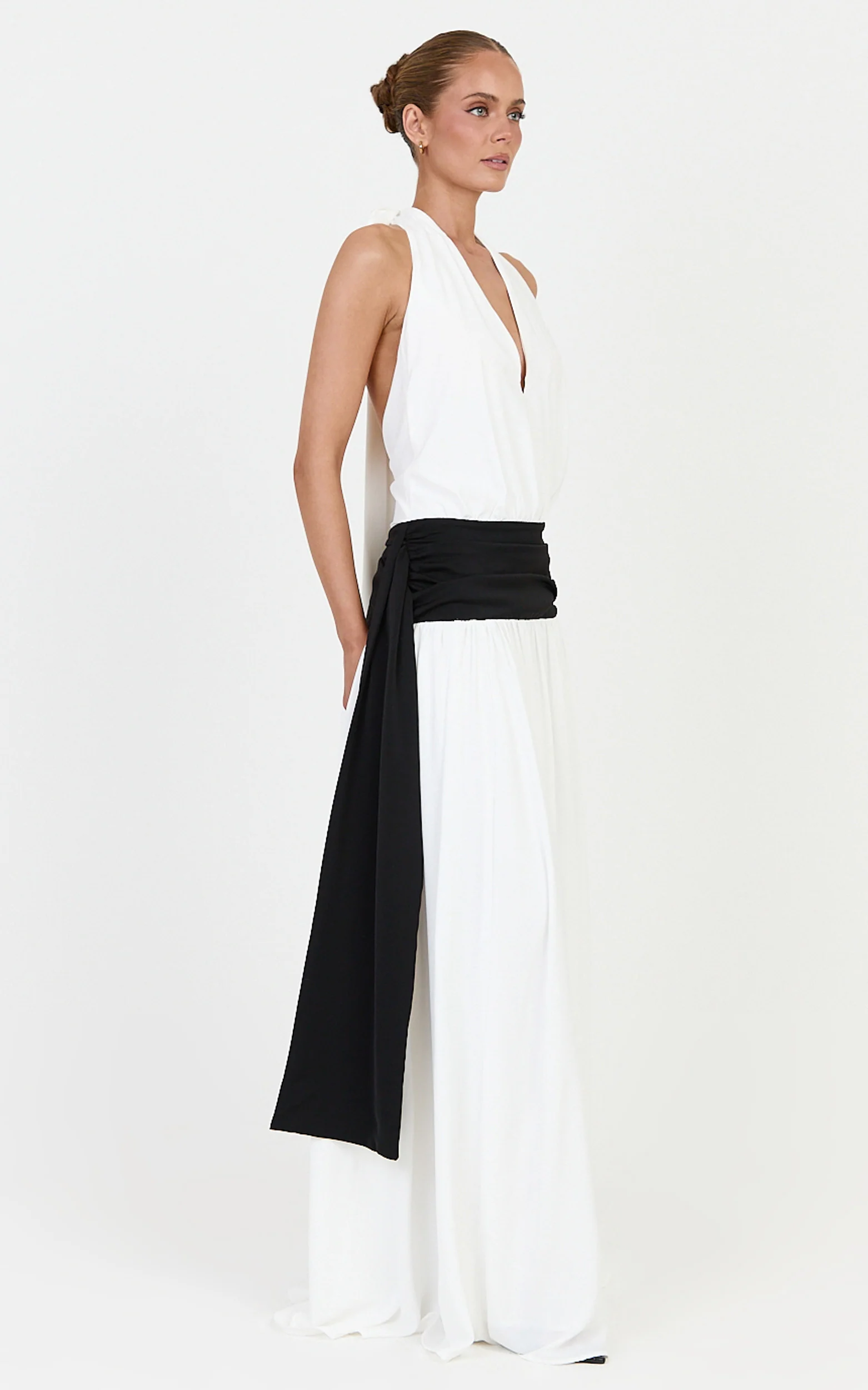 Erin Maxi Dress - Plunge Halter Neck Draped Dropped Waist Sash Dress in Cream