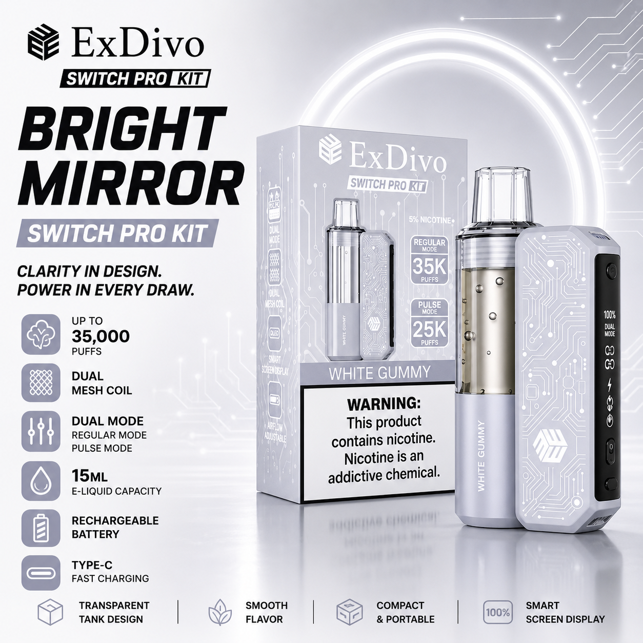 WHITE GUMMY - ExDivo BRIGHT MIRROR 35K Replaceable VAPE kit