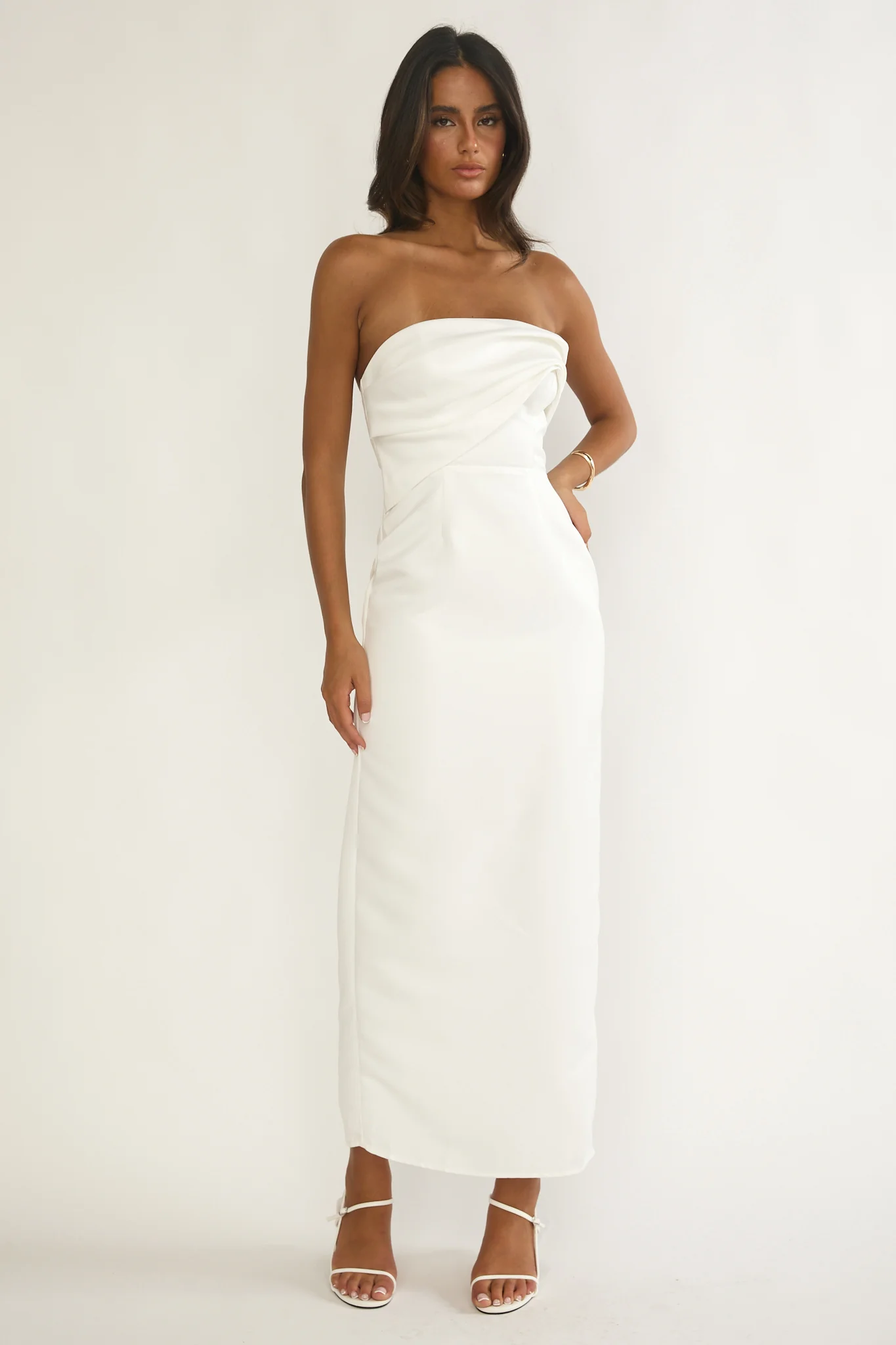 Fleur Sky Strapless Pleat Bust Maxi Dress White