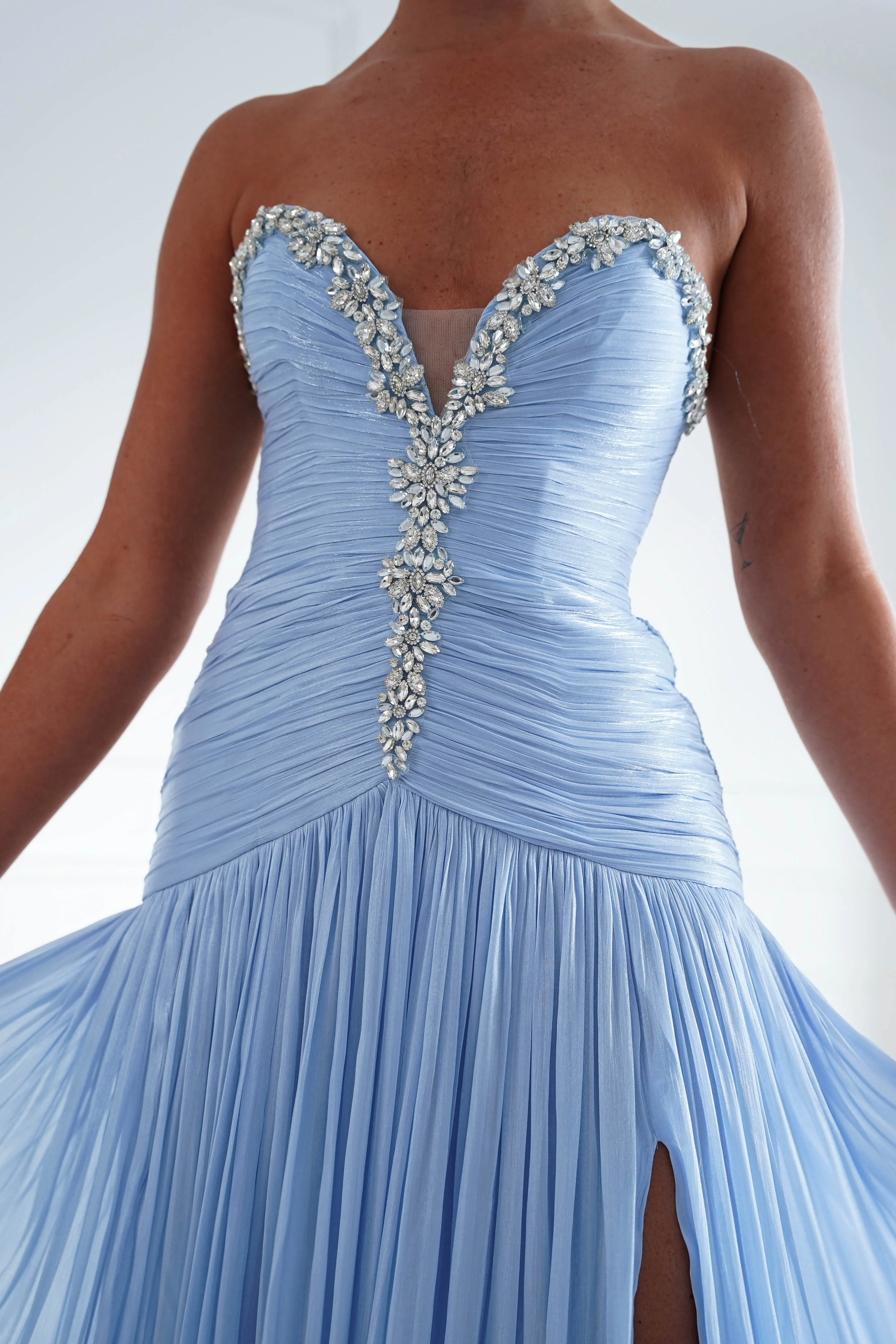 Estella Diamante Trim Ruched Maxi Gown | Blue