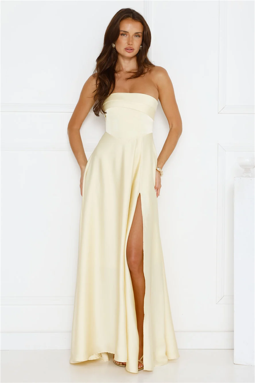 Unspoken Wishes Strapless Satin Maxi Dress Yellow