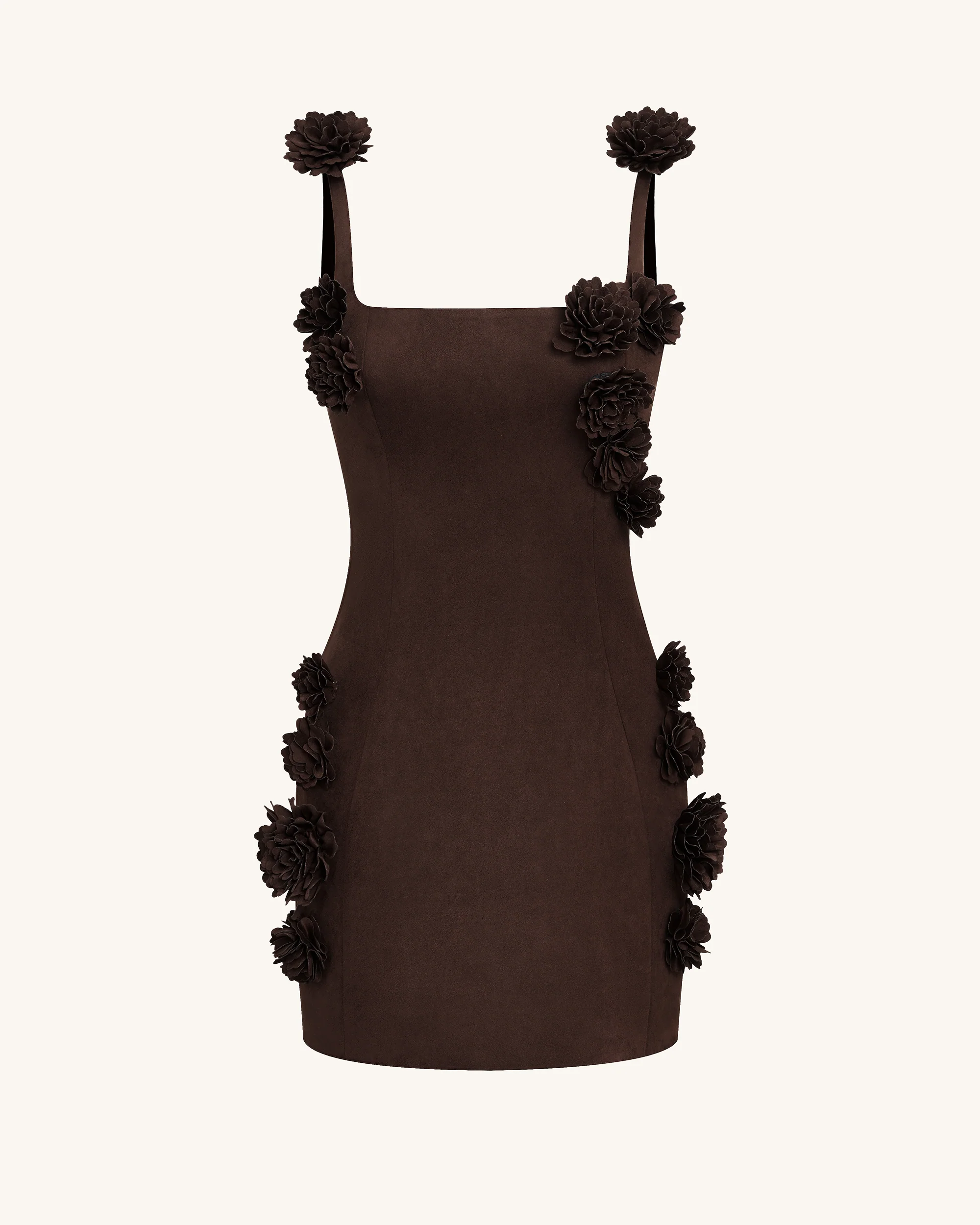Elaina Rosette Applique Mini Dress - Chocolate Brown - FASHION NOB