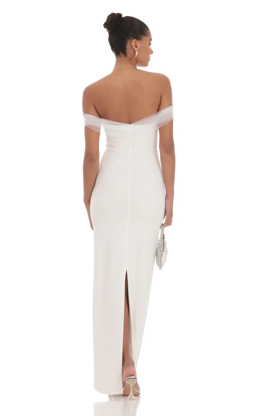 Tulle Off Shoulder Sleeve Maxi Dress in White