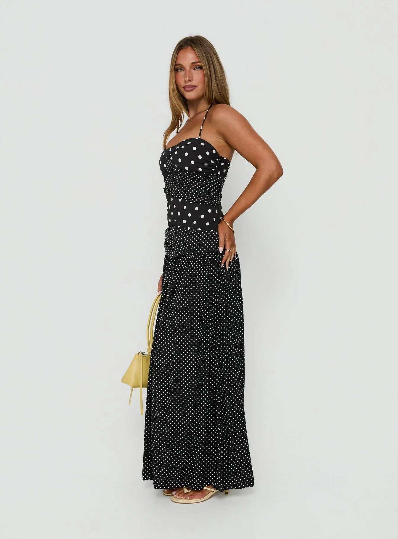 Marguerite Halter Maxi Dress Black / White Polka Dot