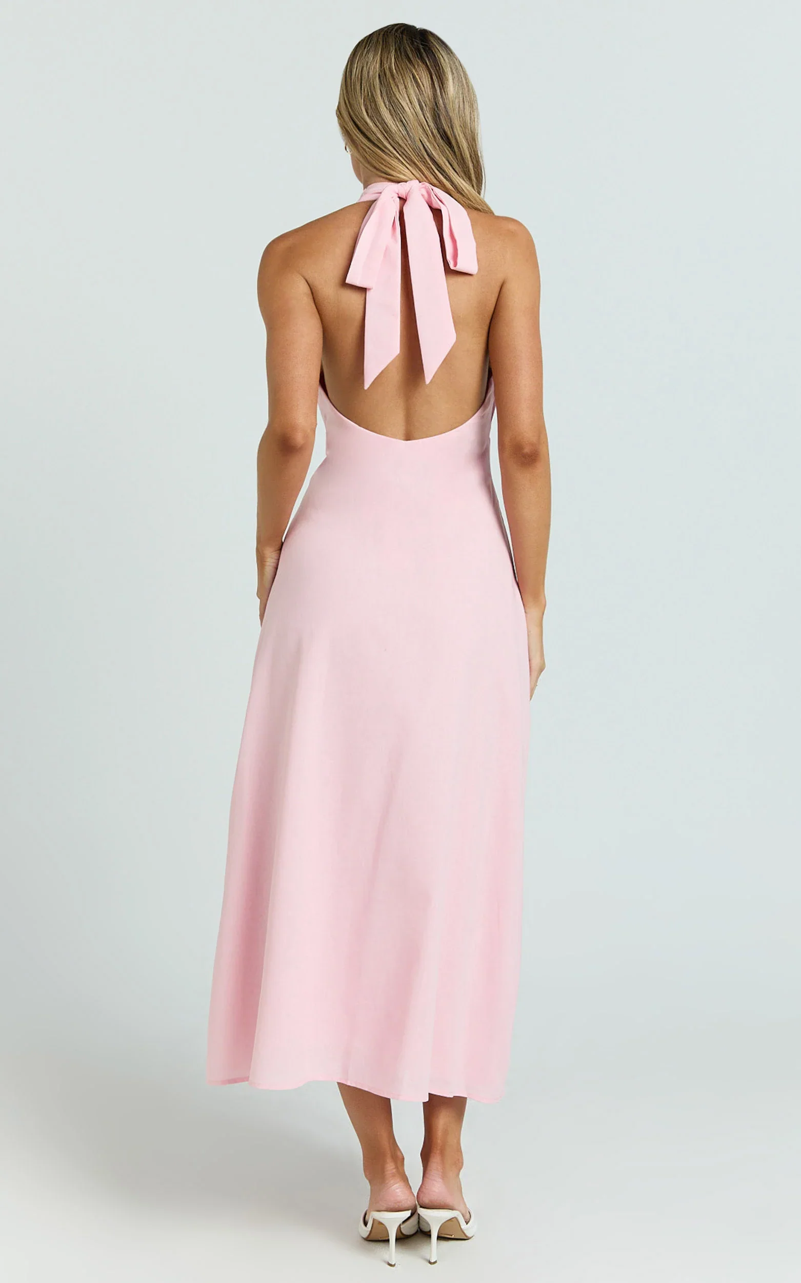 Beata Midi Dress - Plunge Halter A Line Dress in Pink
