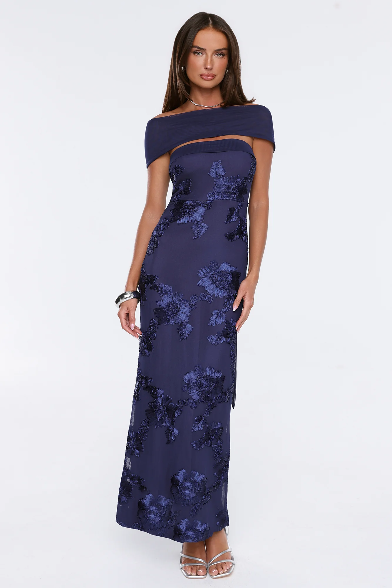 Worth the Plans Mesh Off Shoulder Maxi Dress Navy
