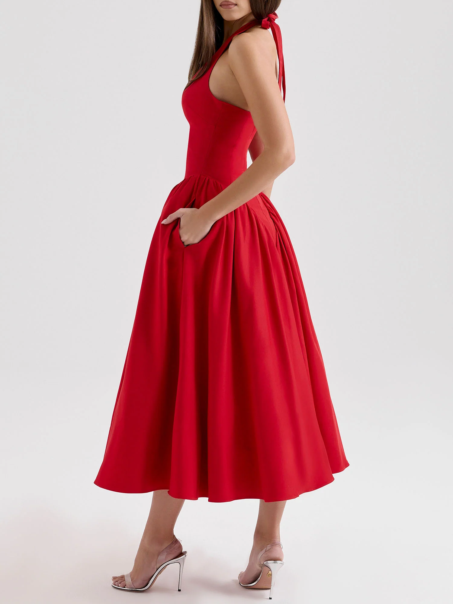 Pleated A-Line Halter Midi Dress