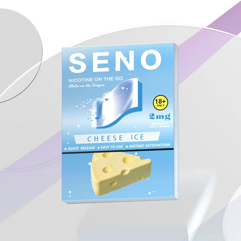 SENO Cheese Ice nicotine pouch box with a cheese wedge illustration and visible 18+ Only and 2 mg labels.
