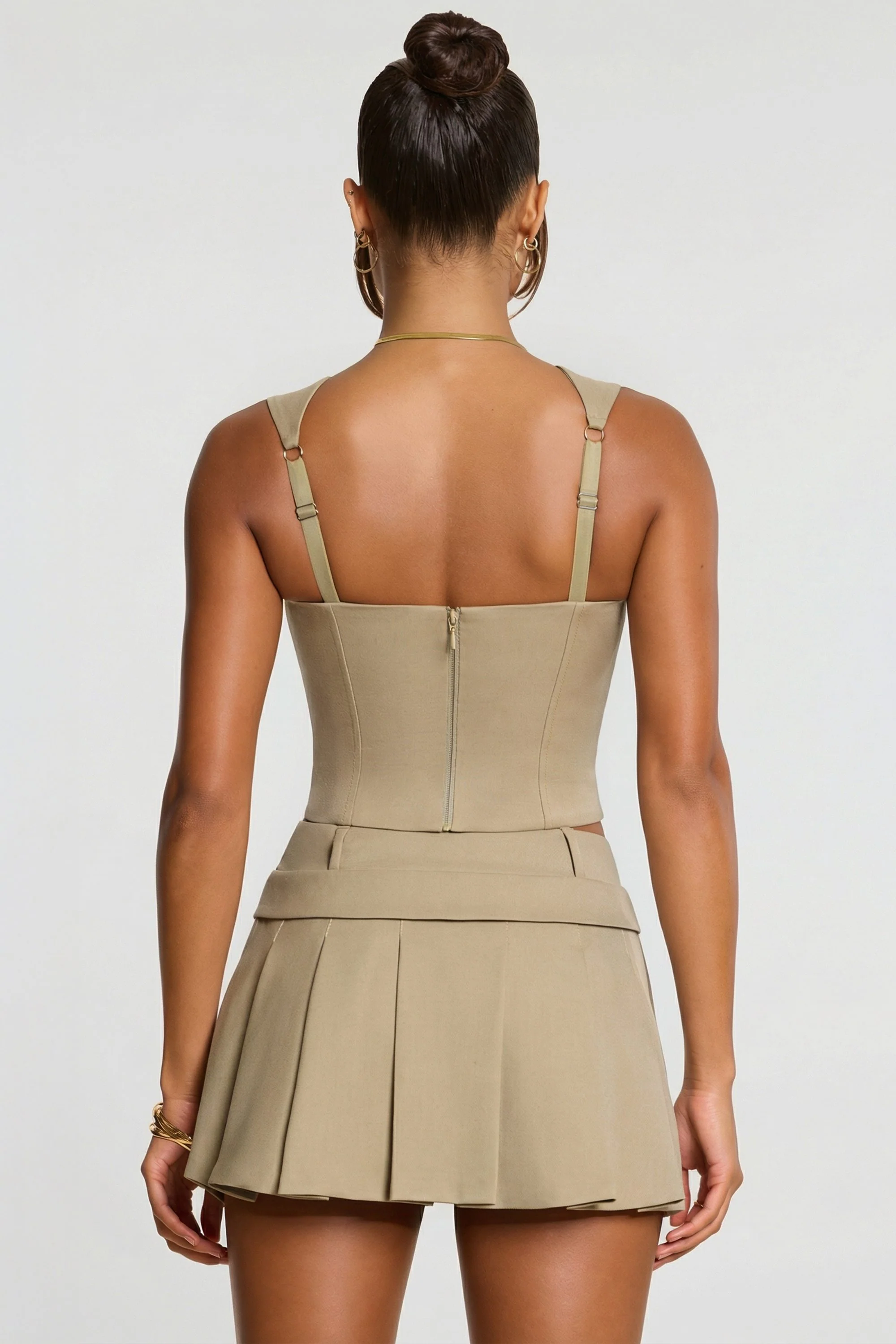 Brushed Twill Mid Rise Pleated Micro Mini Skirt in Taupe