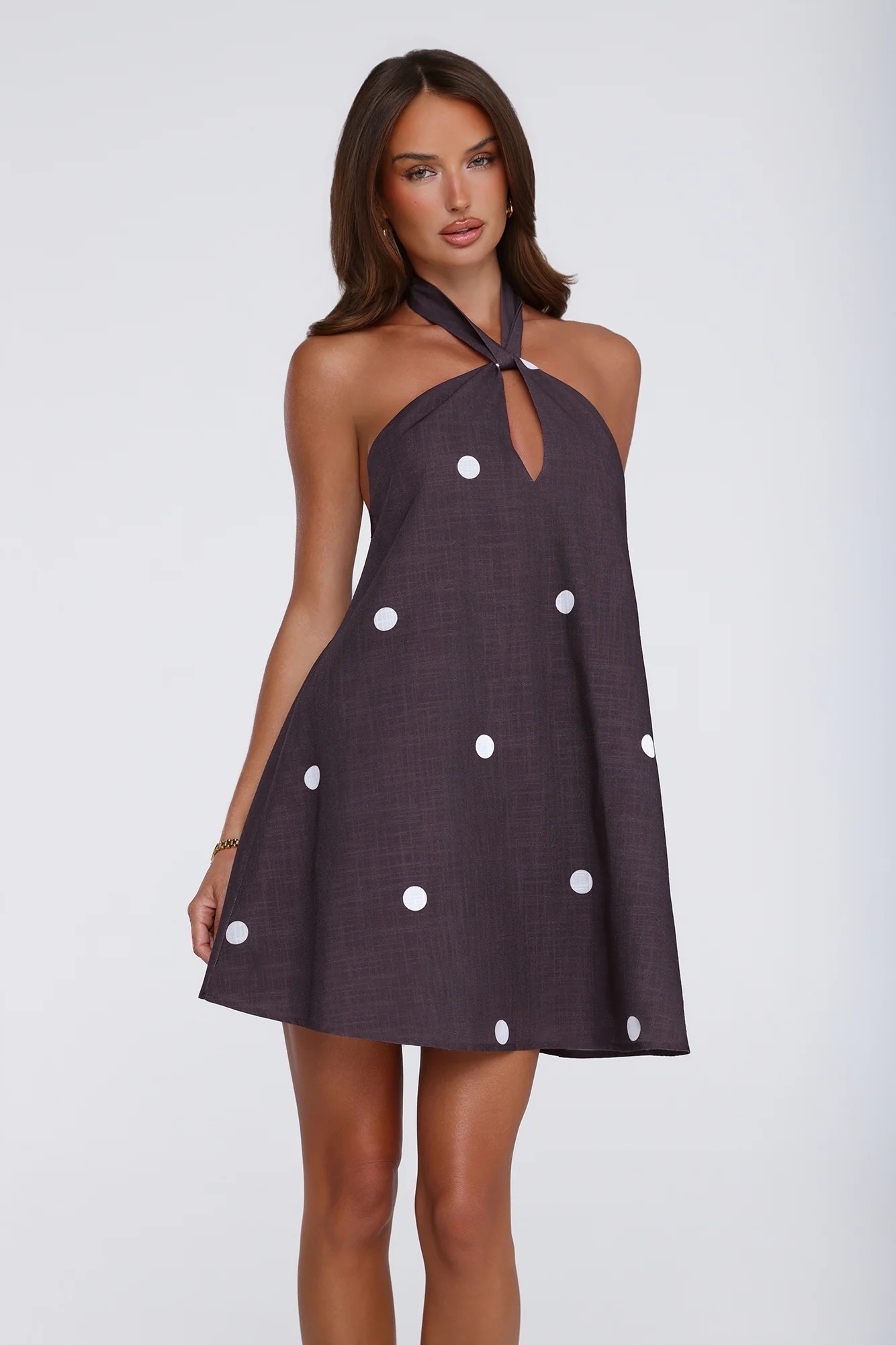 Starry Muse Polka Dot Halter Mini Dress Brown