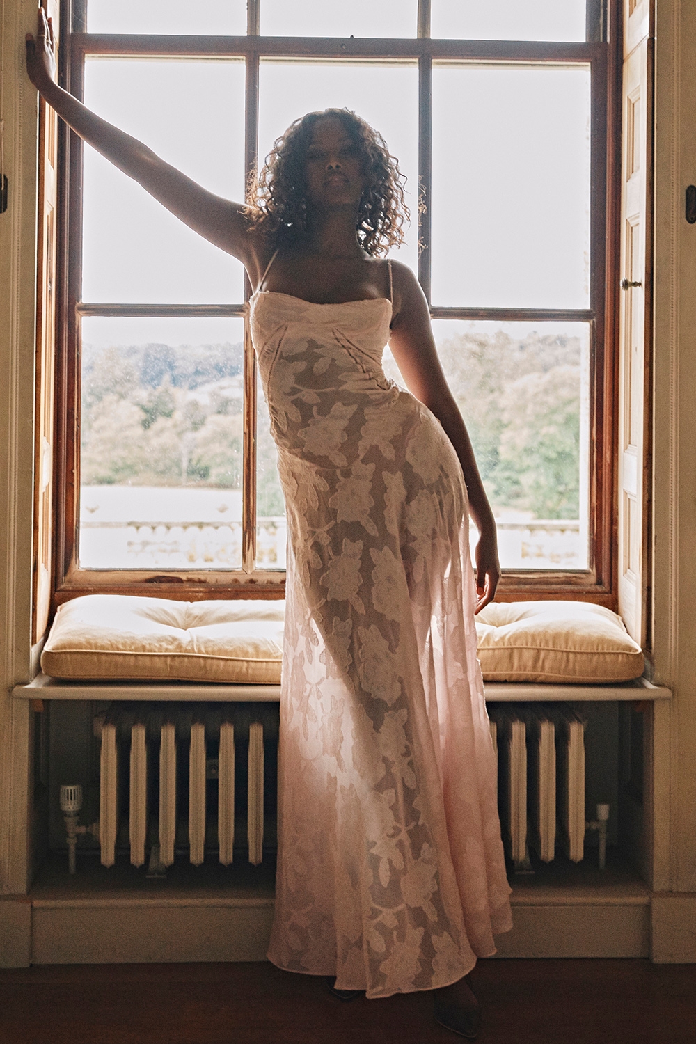 Soft Pink Floral Lace Back Maxi Dress