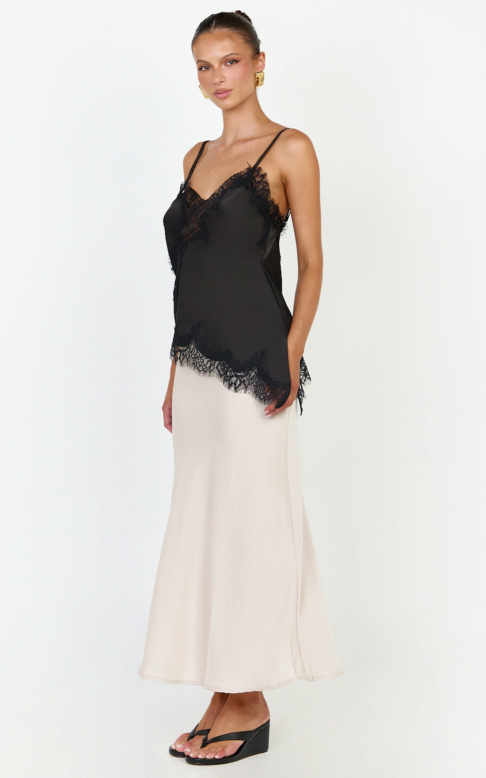 Ava Top - Lace Trim Asymmetrical Camisole Top in Black