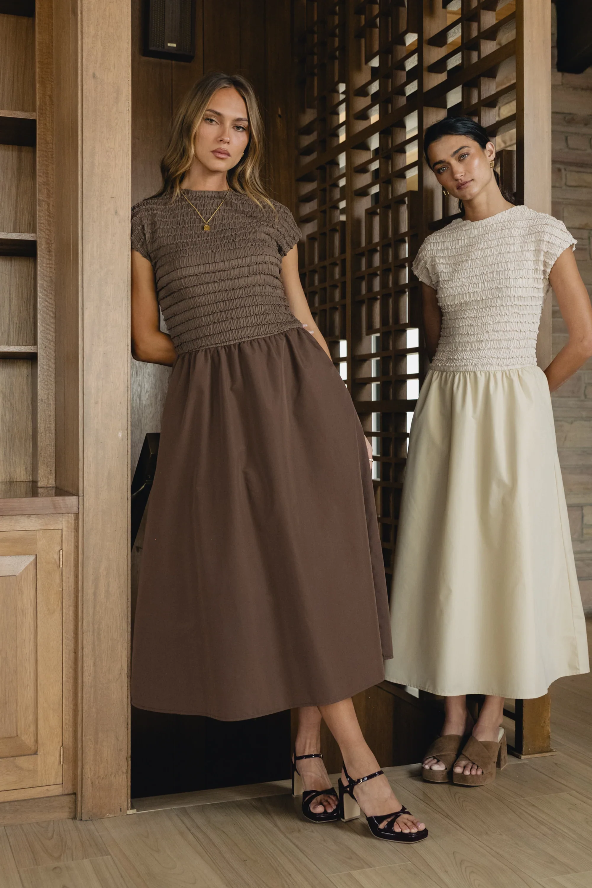 Lorie Mixed Media Maxi Dress in Brown