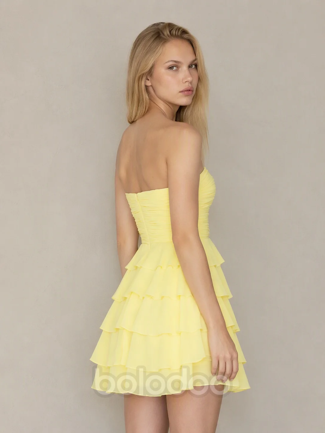 BOLODOO Butter Yellow Tiered Bow Strapless Mini Dress