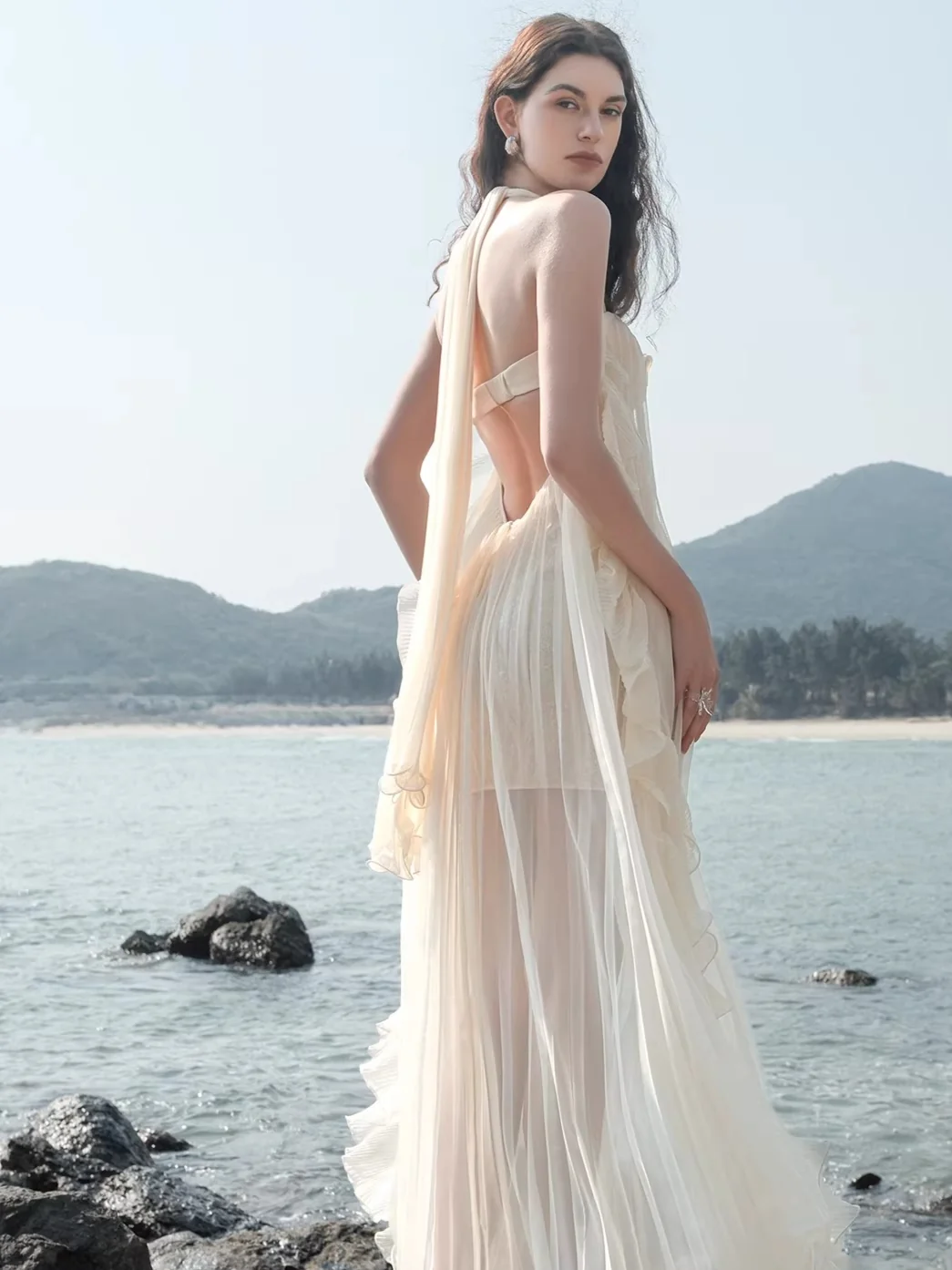 Mesh Halter Backless Strapless Maxi Dress