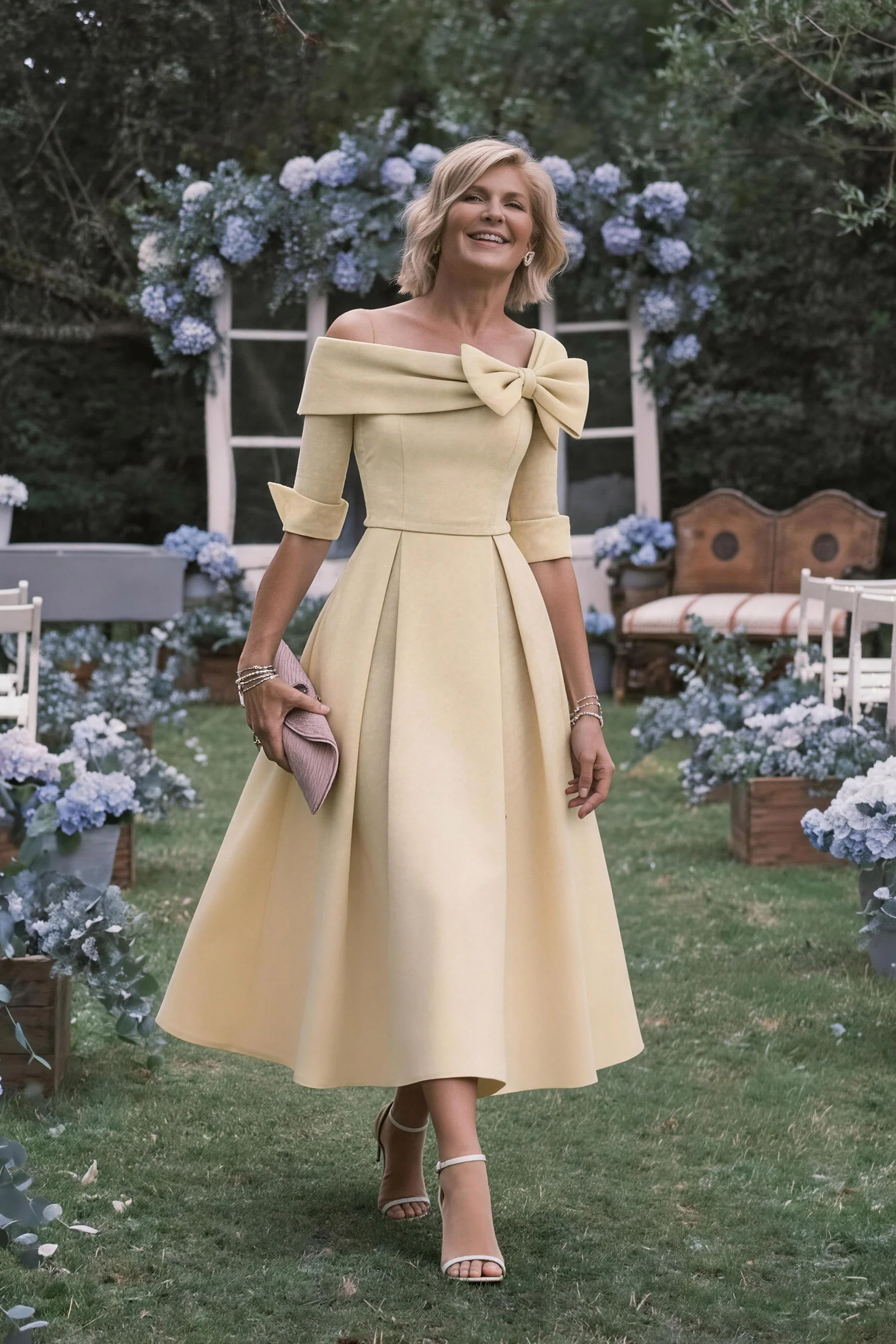 A Line Cowl Neck 3/4 Sleeves Tea Length Elegant Mother Dresses CM0348