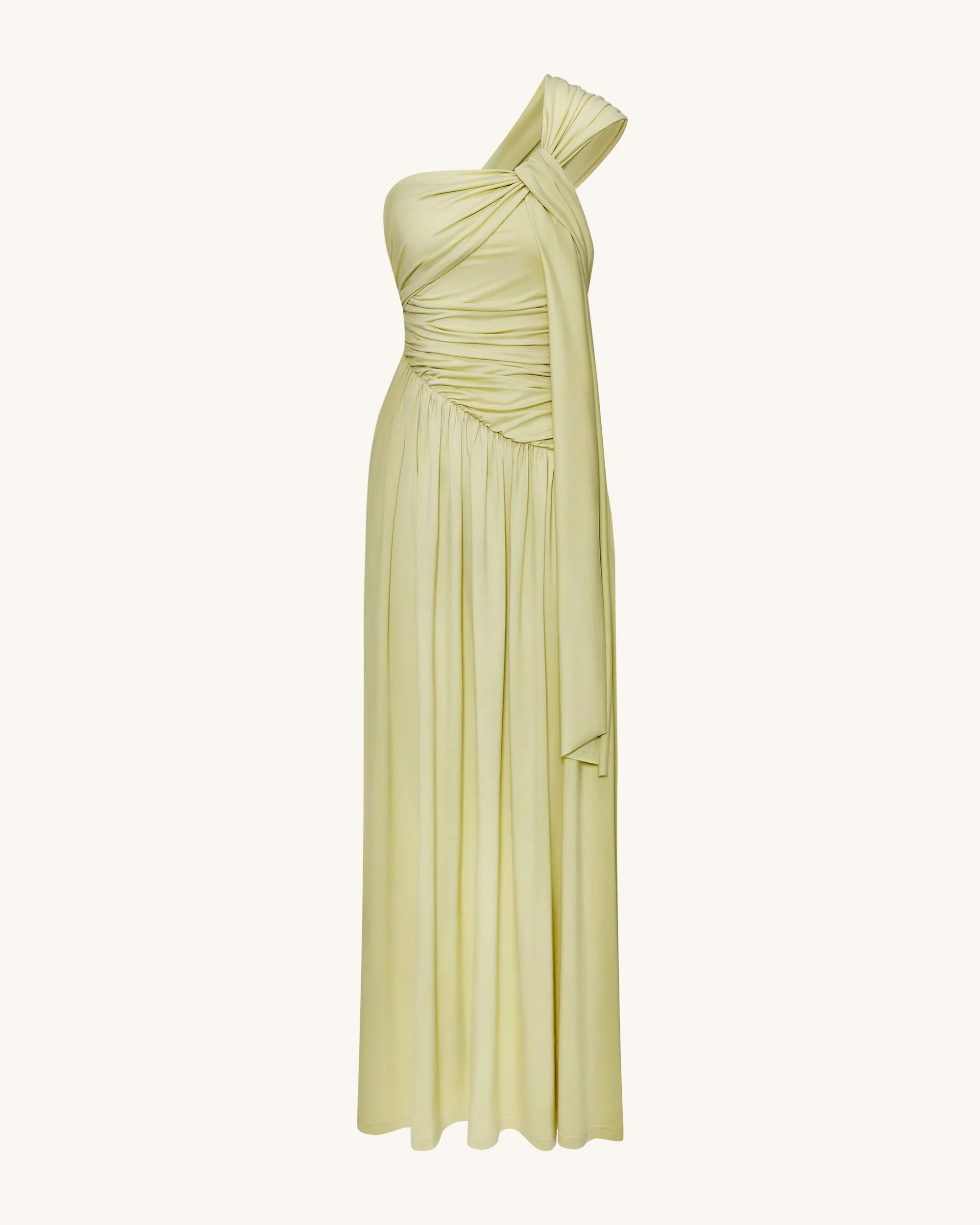 Ruched One-Shoulder Maxi Dress with Trailing Sash - Green - FASHION NOB