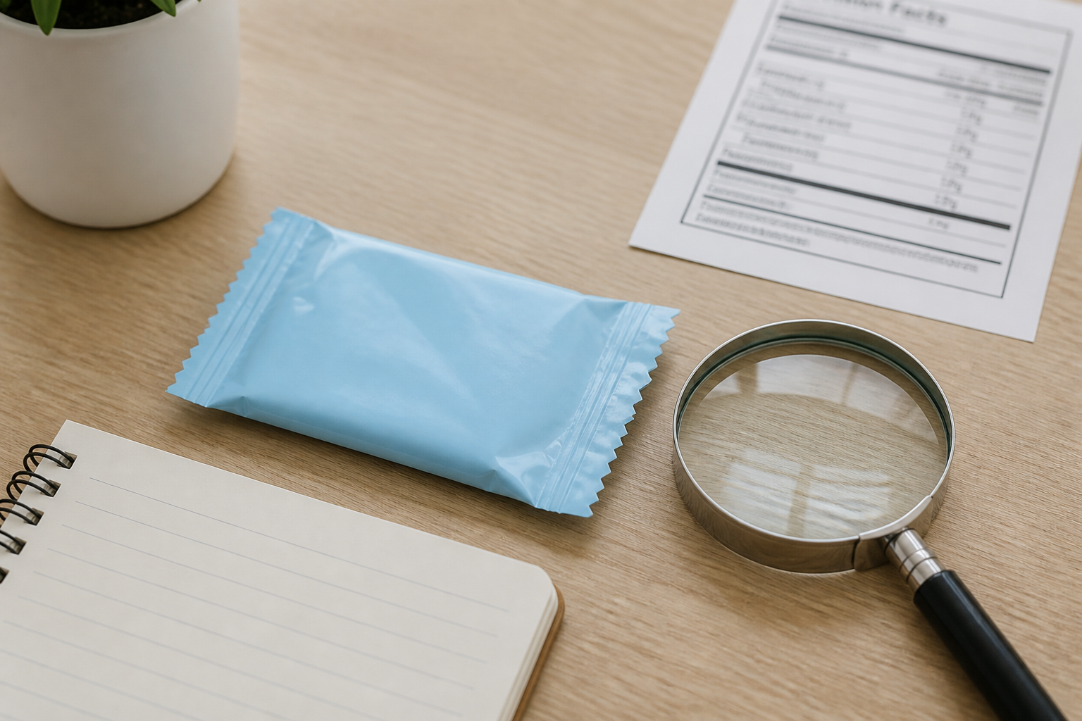 Unopened blue supplement packet beside a magnifying glass, blank notebook and blurred label panel.