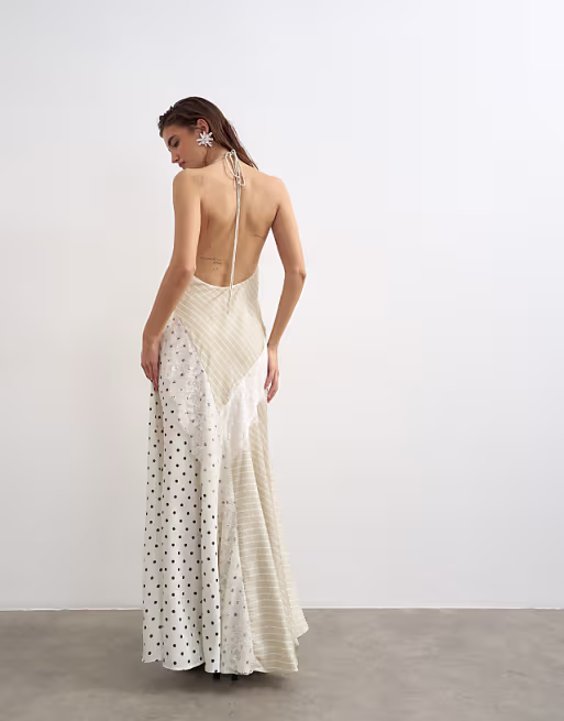 Topshop halter neck lace insert maxi dress in contrast striped and polka dot print