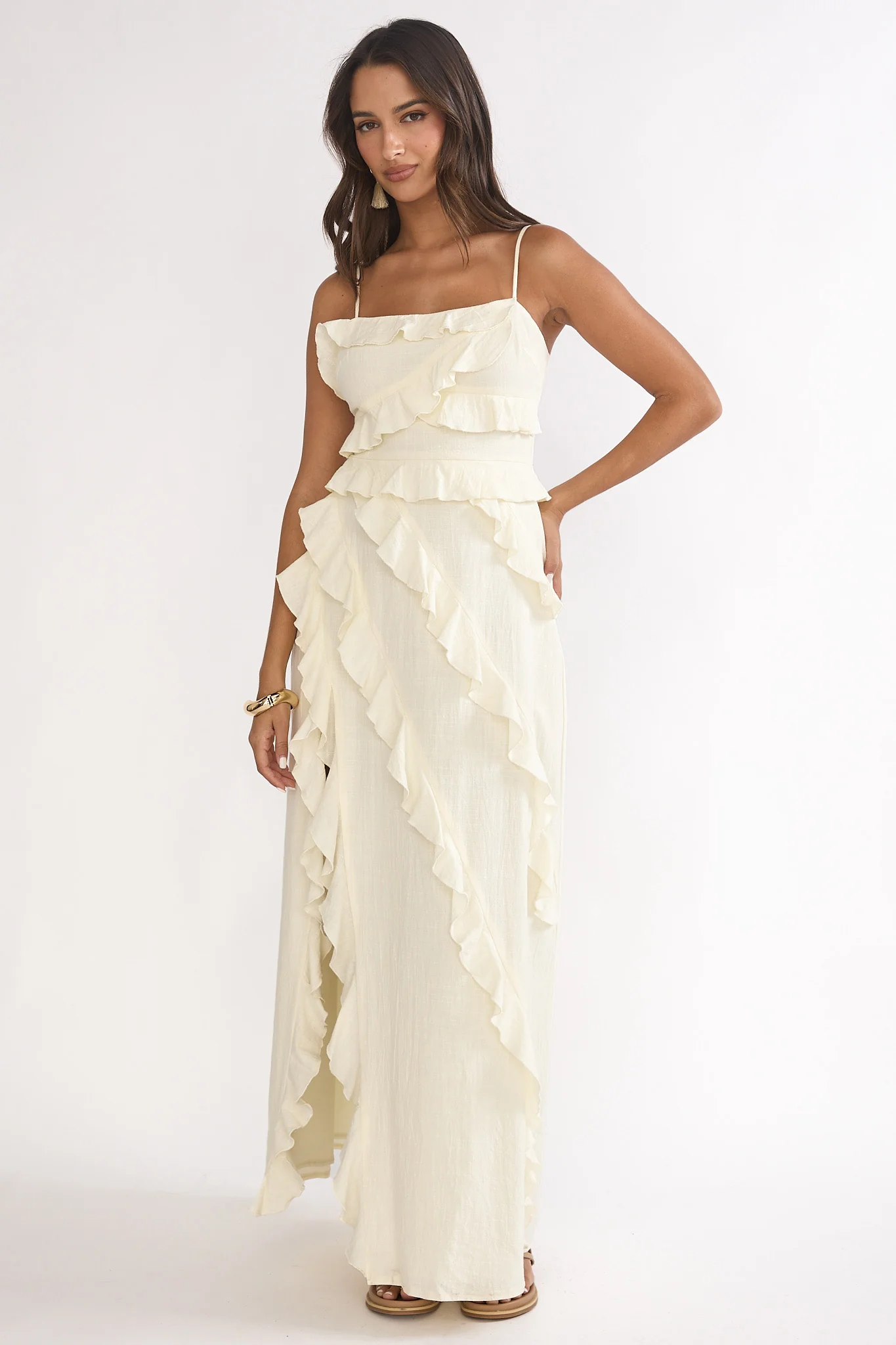 Arrabel Ruffle Split Maxi Dress Ivory