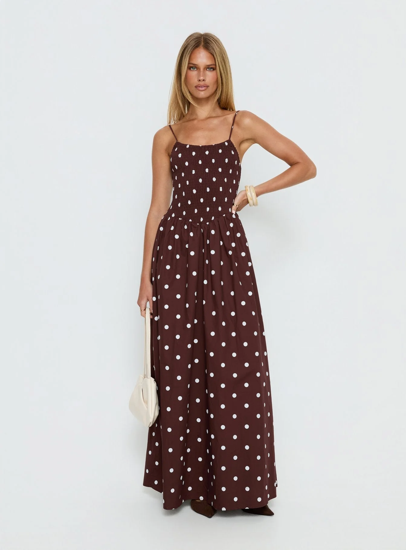 Ryna Scoop Maxi Dress Brown Polka Dot
